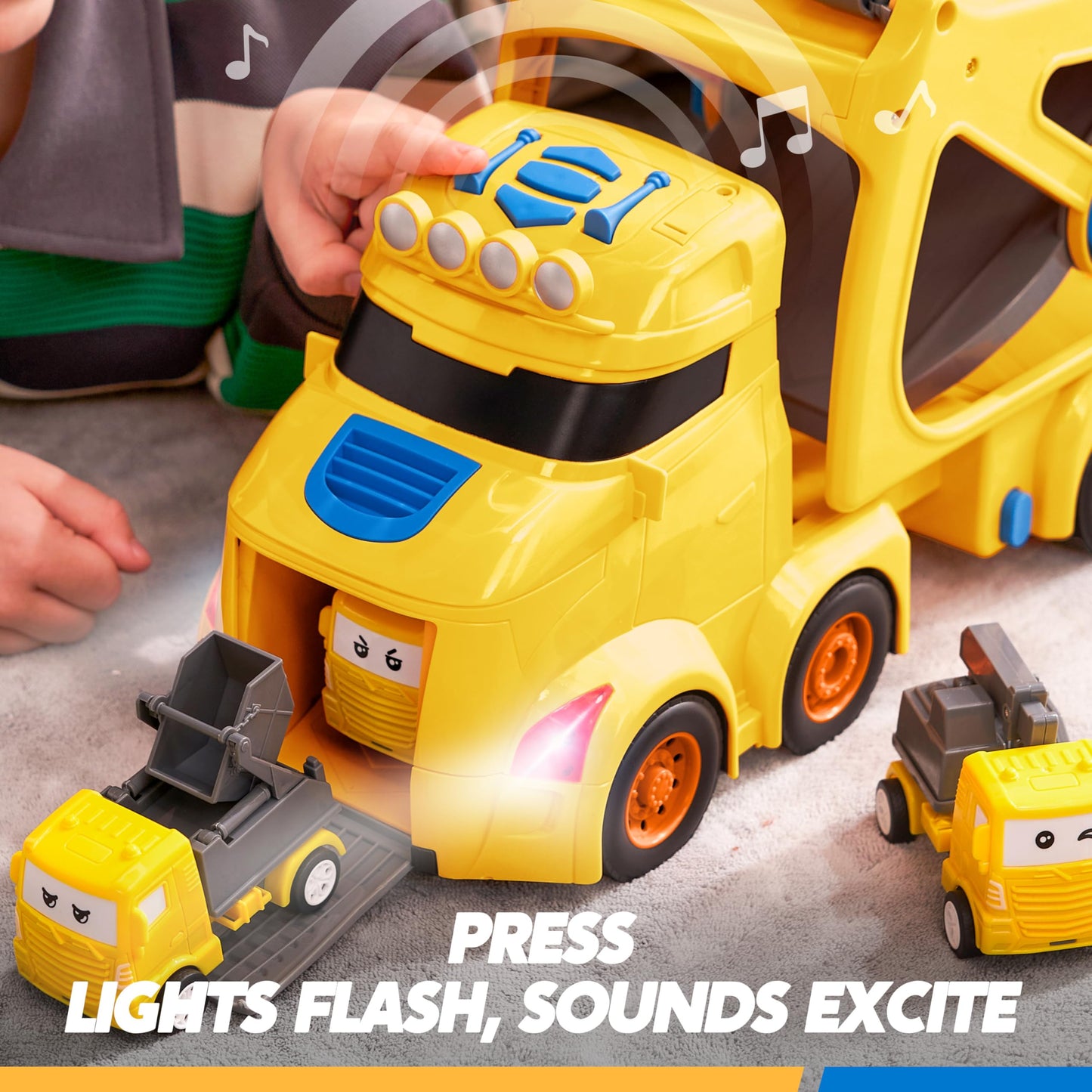 Vroomix JOVA Extra Large Toy Trucks for Toddlers, 3-Layer Construction Trucks for Boys, 7-in-1 Big Carrier Truck with Siren & Lights and 6 Toy Cars
