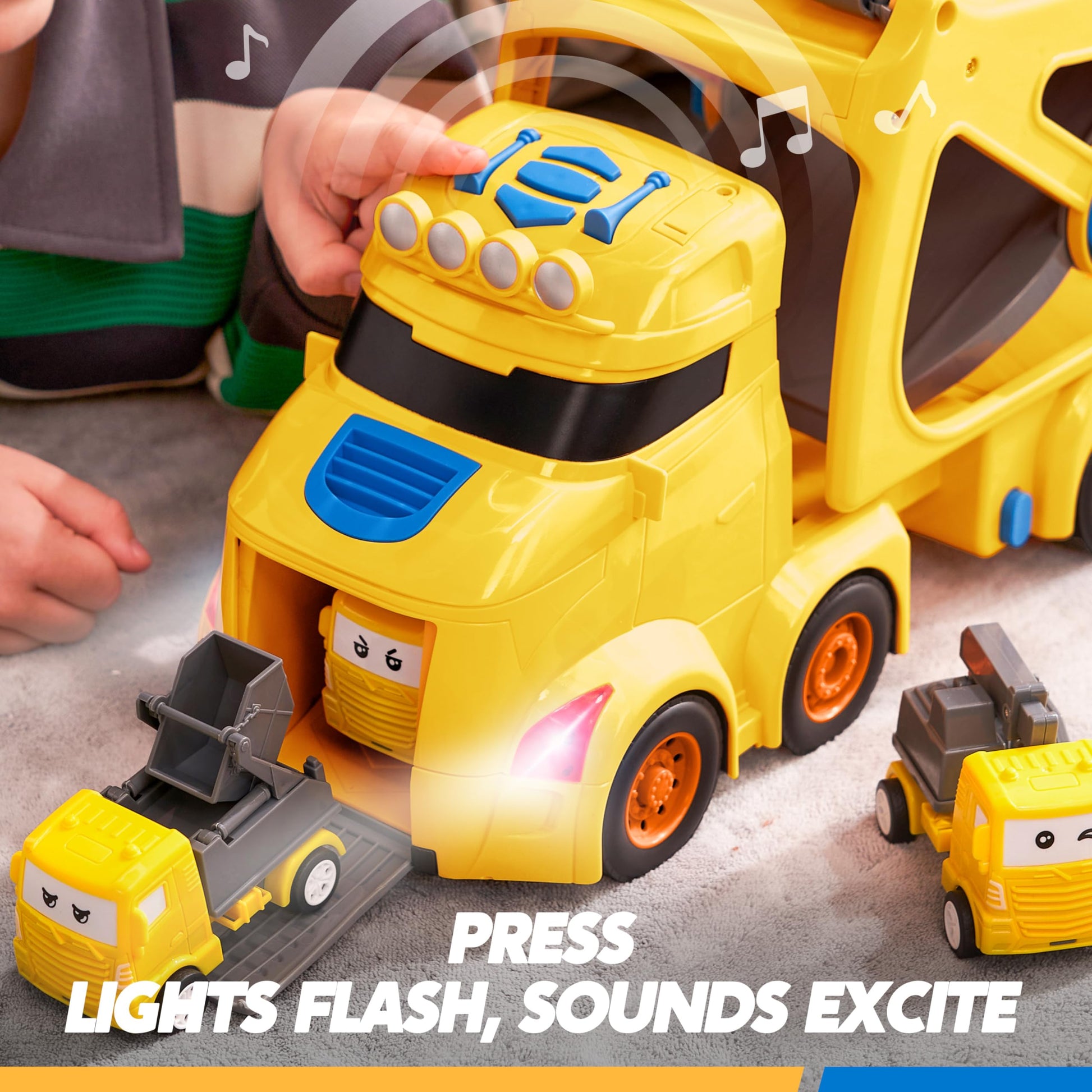 Vroomix JOVA Extra Large Toy Trucks for Toddlers, 3-Layer Construction Trucks for Boys, 7-in-1 Big Carrier Truck with Siren & Lights and 6 Toy Cars