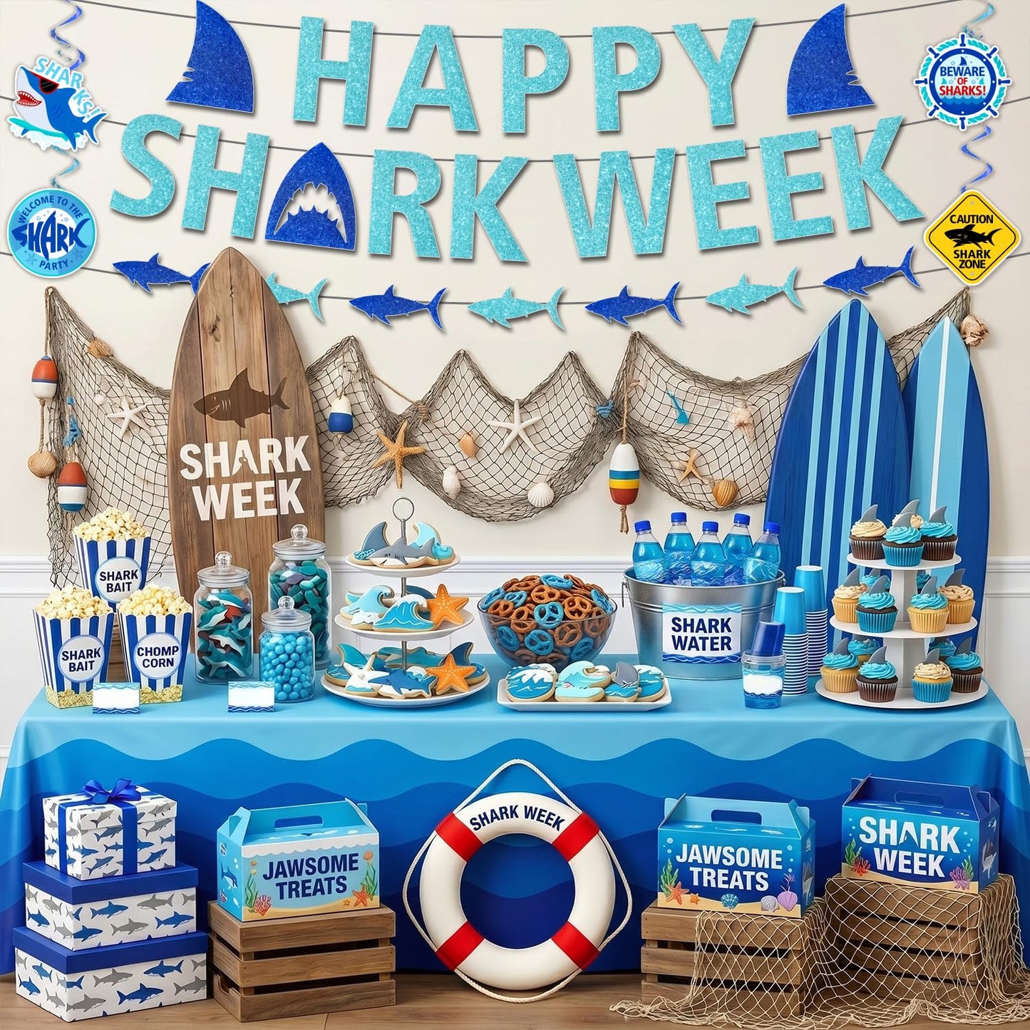 Happy Week of Sharks Birthday Decorations Include 3 Happy Shark Banner,12 Double-side Hanging Swirls,2 Shark Fin Hanging Banner,Bite Me Welcome