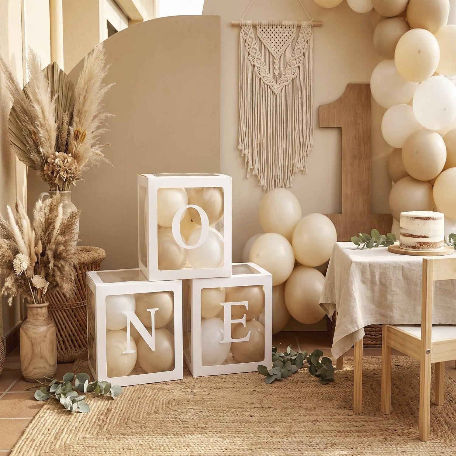 TECKED First Birthday Decorations For Boy Or Girl, 3 Pcs ONE Balloon Boxes For 1st Birthday, Baby Clear Blocks Party Decor With ONE Letters