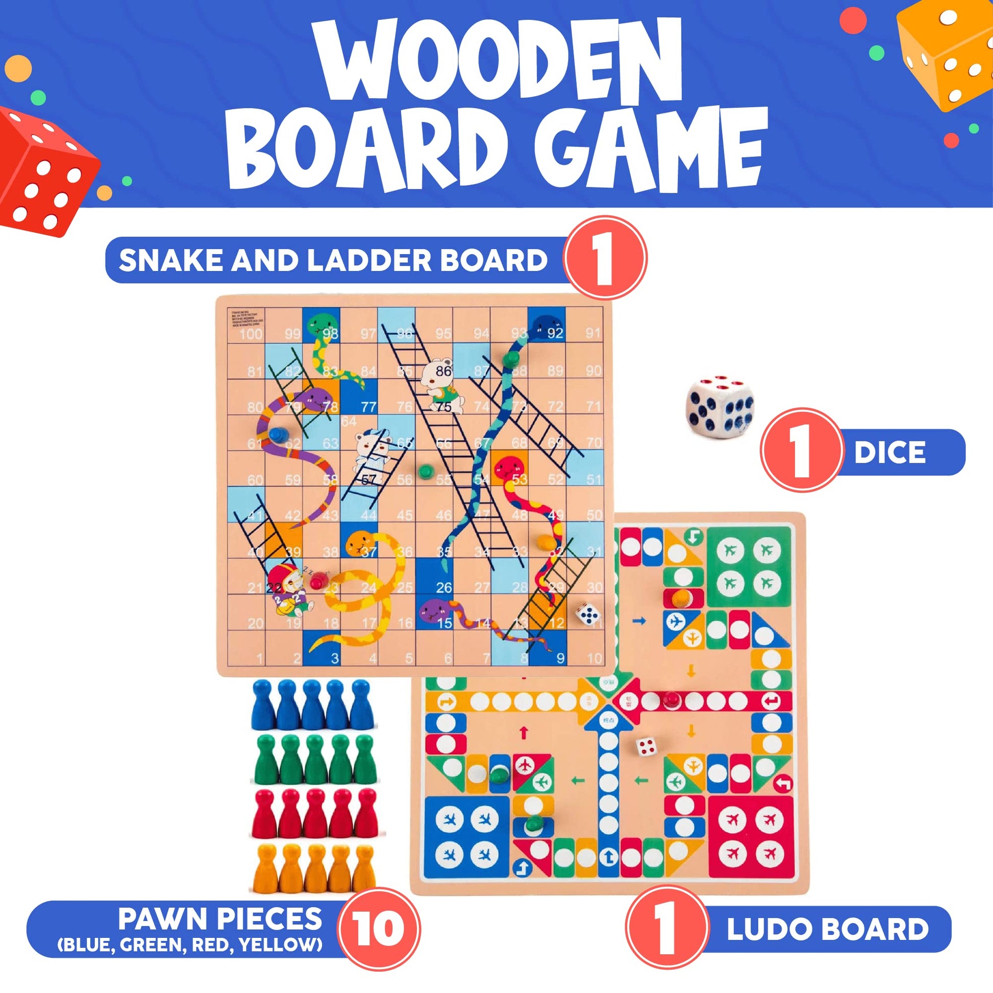 Toysery 2 in 1 Board Games Set. Complete with Ludo Board Game Plus Snakes and Ladders Set