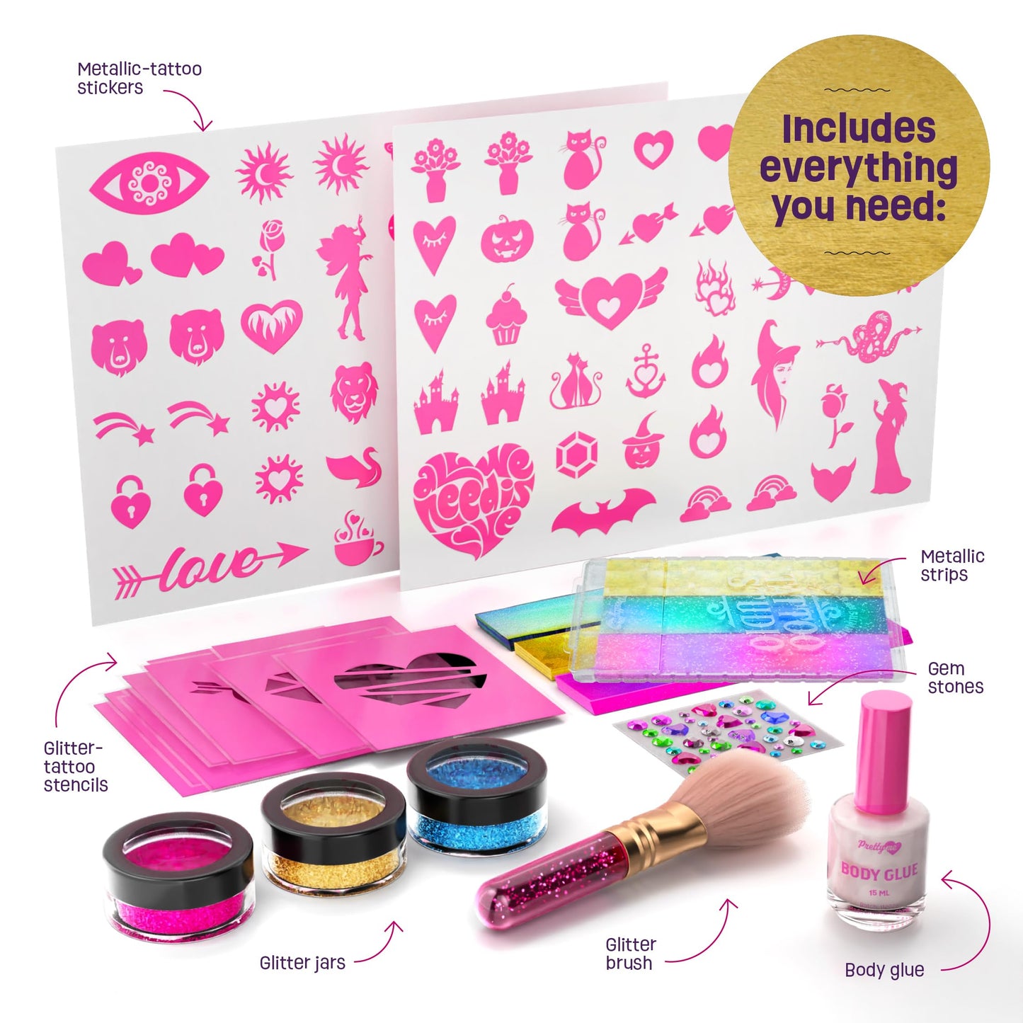 Pretty Me Glitter Tattoo Kit for Kids - Glitter & Metallic Fake Tattoos for Girls - Birthday Gift Ideas for Girl - Temporary Tattoo Set - Craft Kits