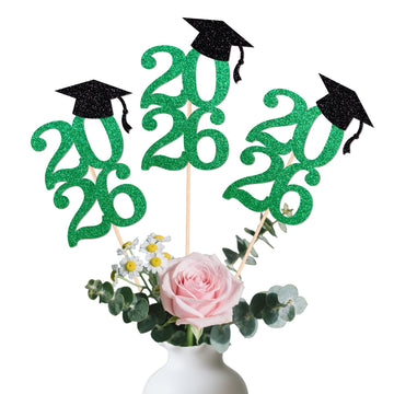 Class of 2026 Graduation Centerpieces, 10 Pcs Green Glitter 2026 Centerpieces with Graduation Cap, Congrats Grad Party Decorations for Cake, Dessert