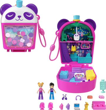 Polly Pocket Playset with 2 Micro Dolls & Food Accessories, Bubble Tea Panda Compact Animal Toy