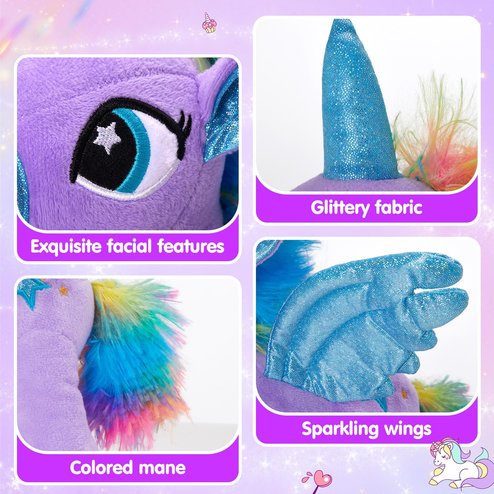 Houwsbaby 14'' Purple LED Light Up Unicorn Stuffed Animal,Unicorn Plush Toy,Glowing Horse Plush Toy Night Light Glitter Present for Kids Boys Girls
