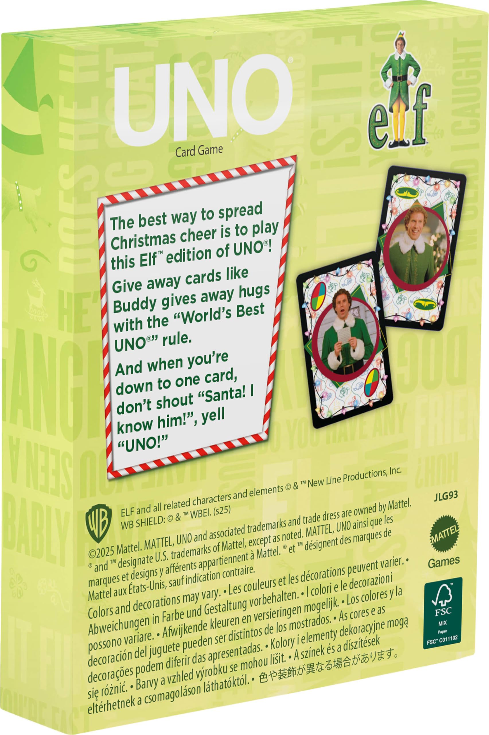 Mattel Games UNO Fandom Elf Card Game for Kids, Adults & Families, Deck Includes Collectible Foil with Images from the Movie