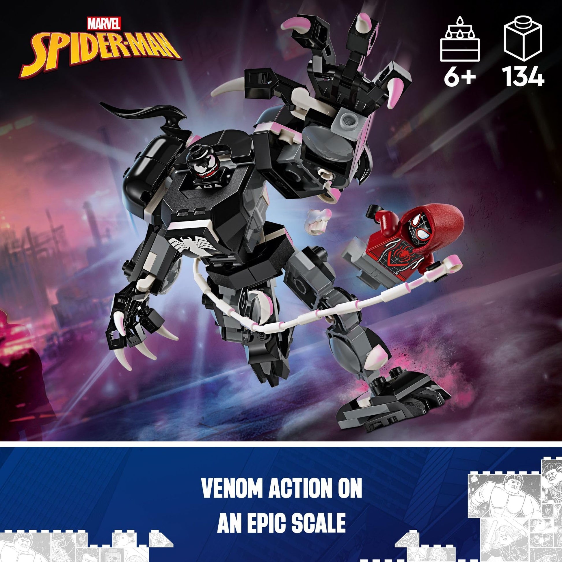 LEGO Marvel Venom Mech Armor vs. Miles Morales, Posable Action for Kids, Marvel Building Set with Minifigures, Travel Toy, Super Hero Battle Gift