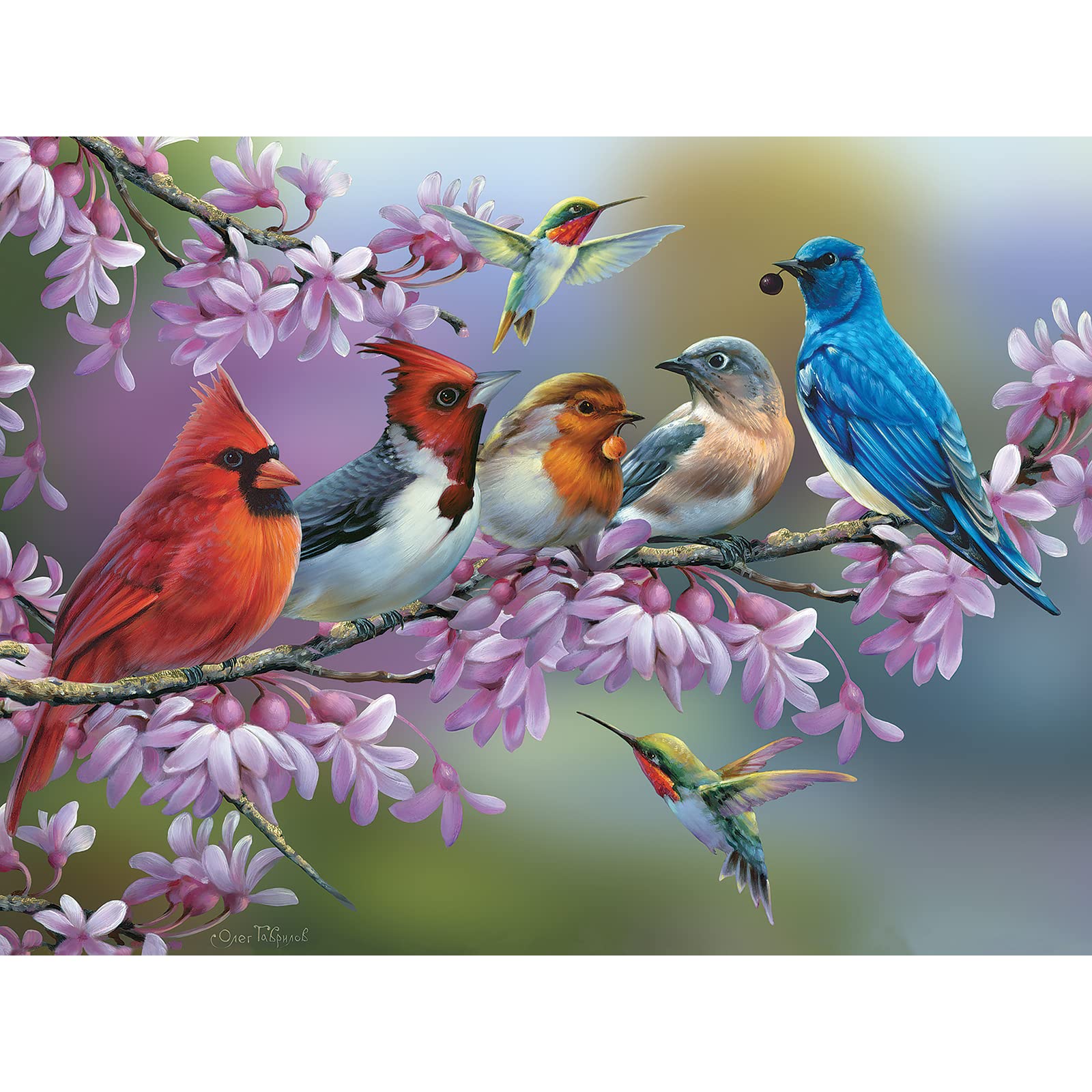 Bits and Pieces Jigsaw Puzzle - Birds on a Flowering Branch by Oleg Gavrilov - Cardinals, Bluebird & Hummingbirds Nature Artwork (300 Piece Puzzle 18"