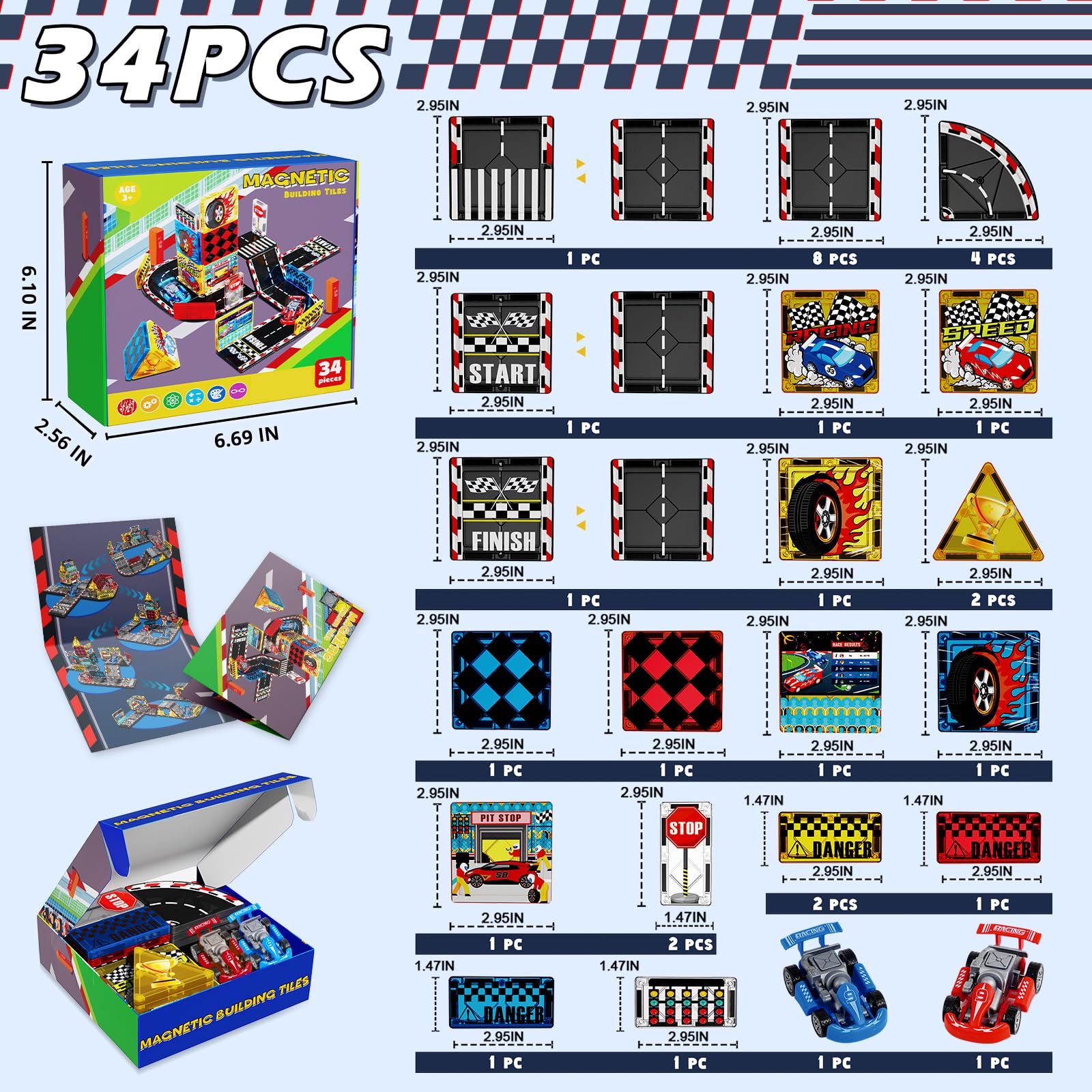 Magnetic Tiles Road Set | Magnet Tiles Race Track, Magnetic Car Racing Tile for Kids Ages 4-8 5-7, Magnetic Tile Rails Building Toys STEM Learning