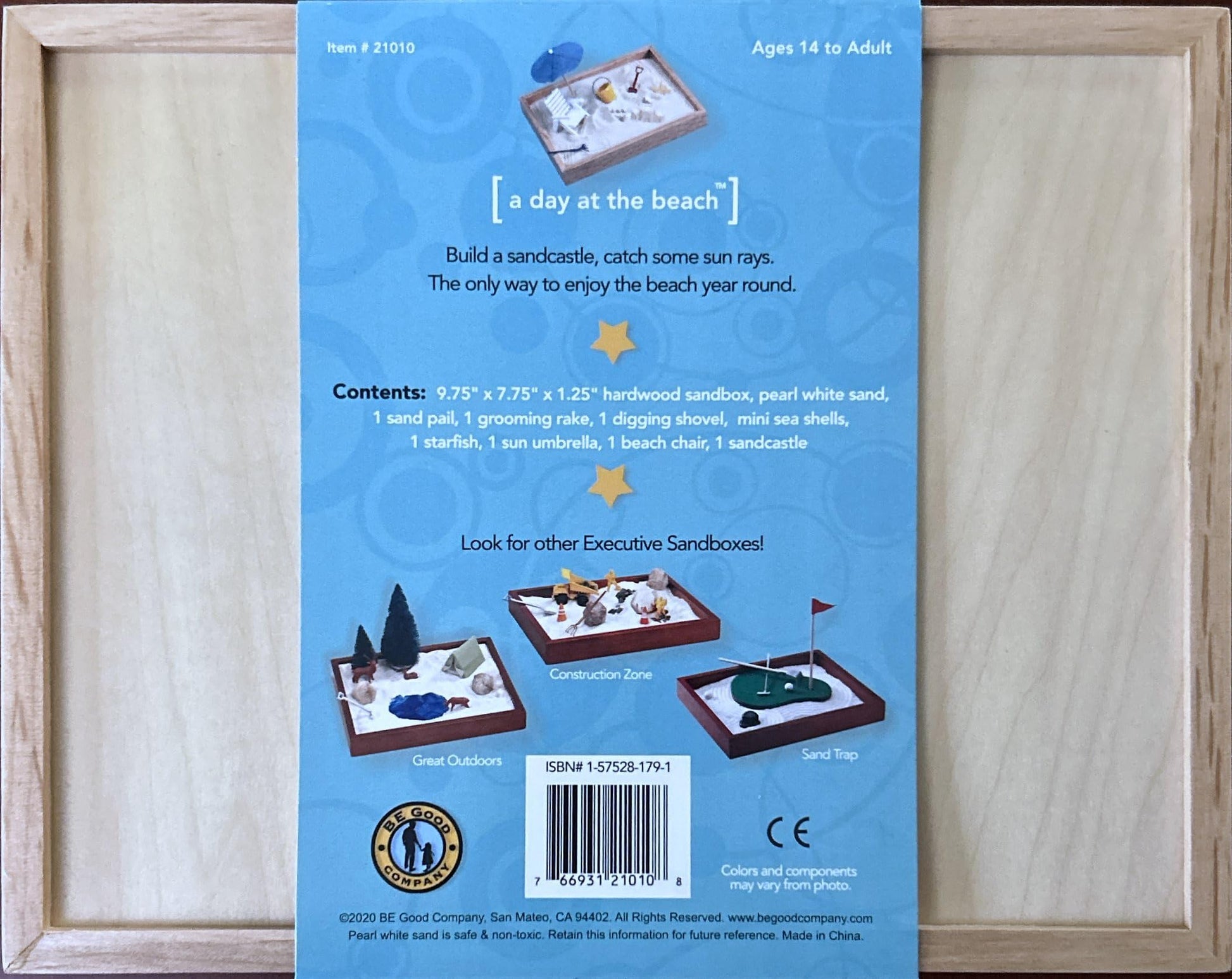 Executive Sandbox - Beach Themed Zen Garden - Desktop Stress Relieving Office Decor - Includes 8” x 10” Hardwood Sandbox, 8 Seaside Accessories,