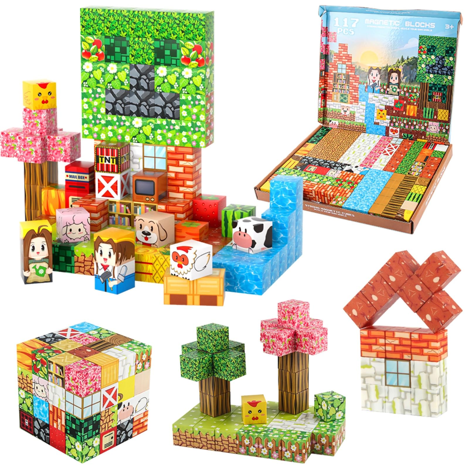 FXZYIXS Magnetic Blocks, 117-Piece 0.8in Building Farm Magnet Game Set, Stacking Building Blocks Cubes Magnets for Kids, STEM Sensory Creative Toys