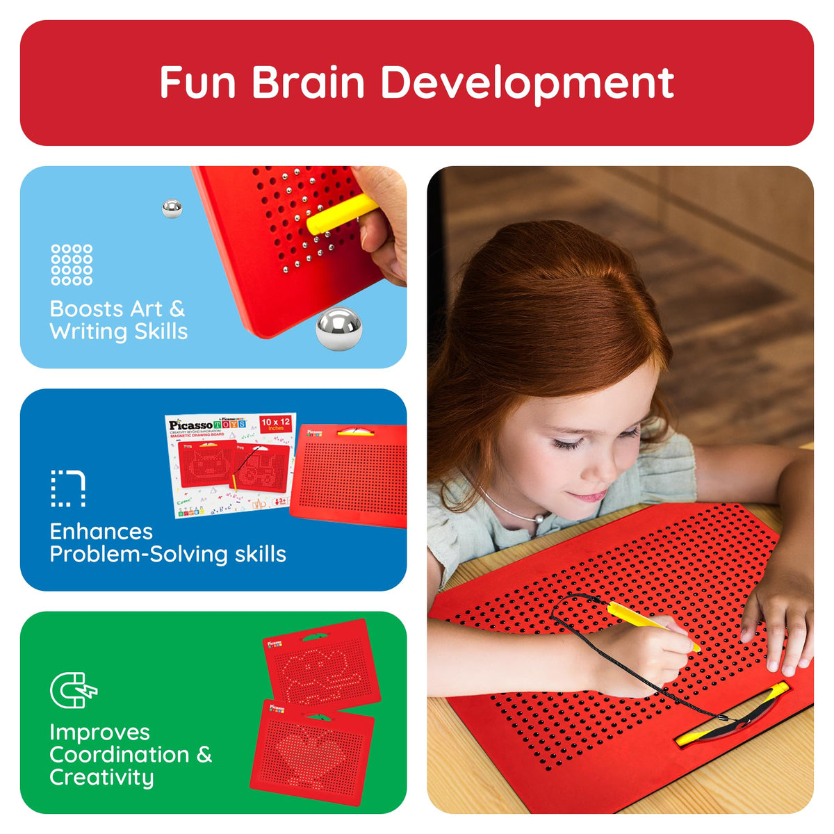 PicassoTiles Toys Magnetic Drawing Board 12x10 inch Large 748 Bead Magnet Tablet Pad Erasable Reusable Writing Playboard STEM Toys Educational Playset