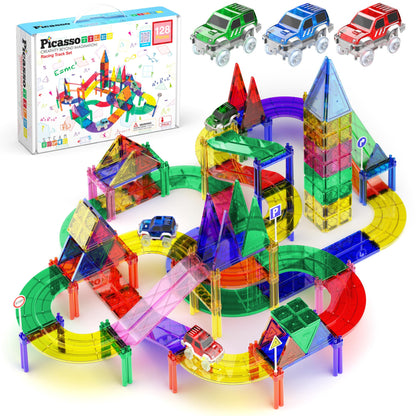 PicassoTiles 128pcs Magnetic Race Car Track Building Block Educational Toy Set Tiles Magnet Playset 3 LED Car STEM Learning Construction Kit Fine