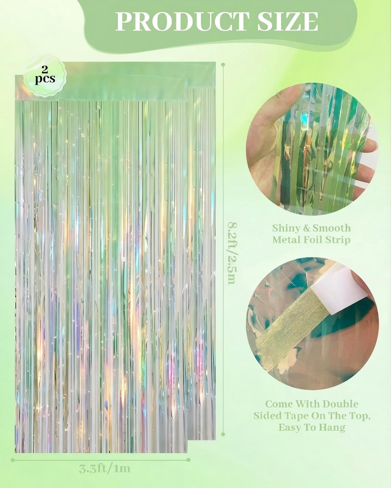 Iridescent Green Party Streamers Backdrop - 2 Pack 3.3 x 8.21 ft Neon Transparent Holographic Tinsel Foil Fringe Curtain for Birthday Dinosaur St