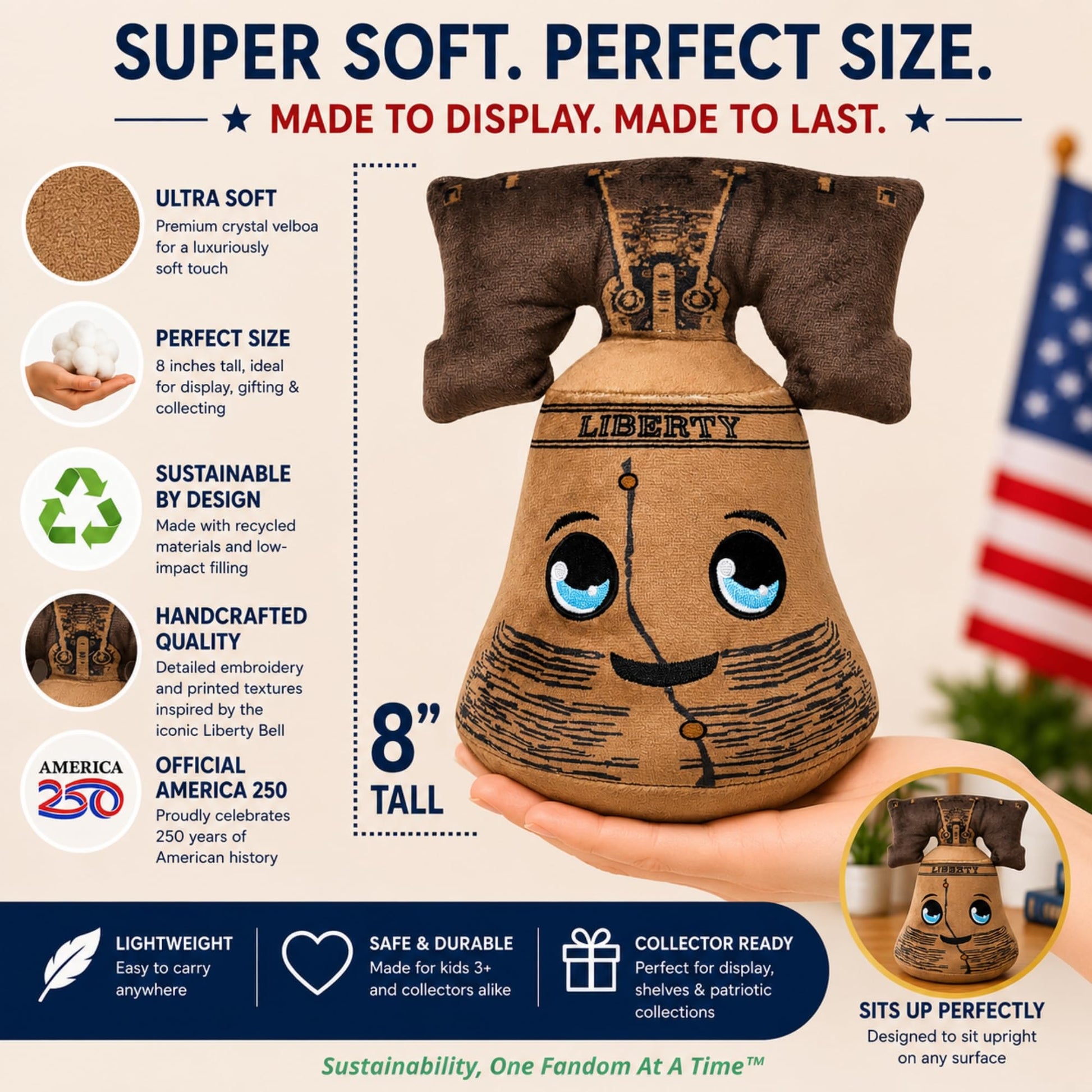 Grovii America 250 Liberty Bell Midori Plushie, 8” Official Chibi Plush, Sustainable + Handcrafted
