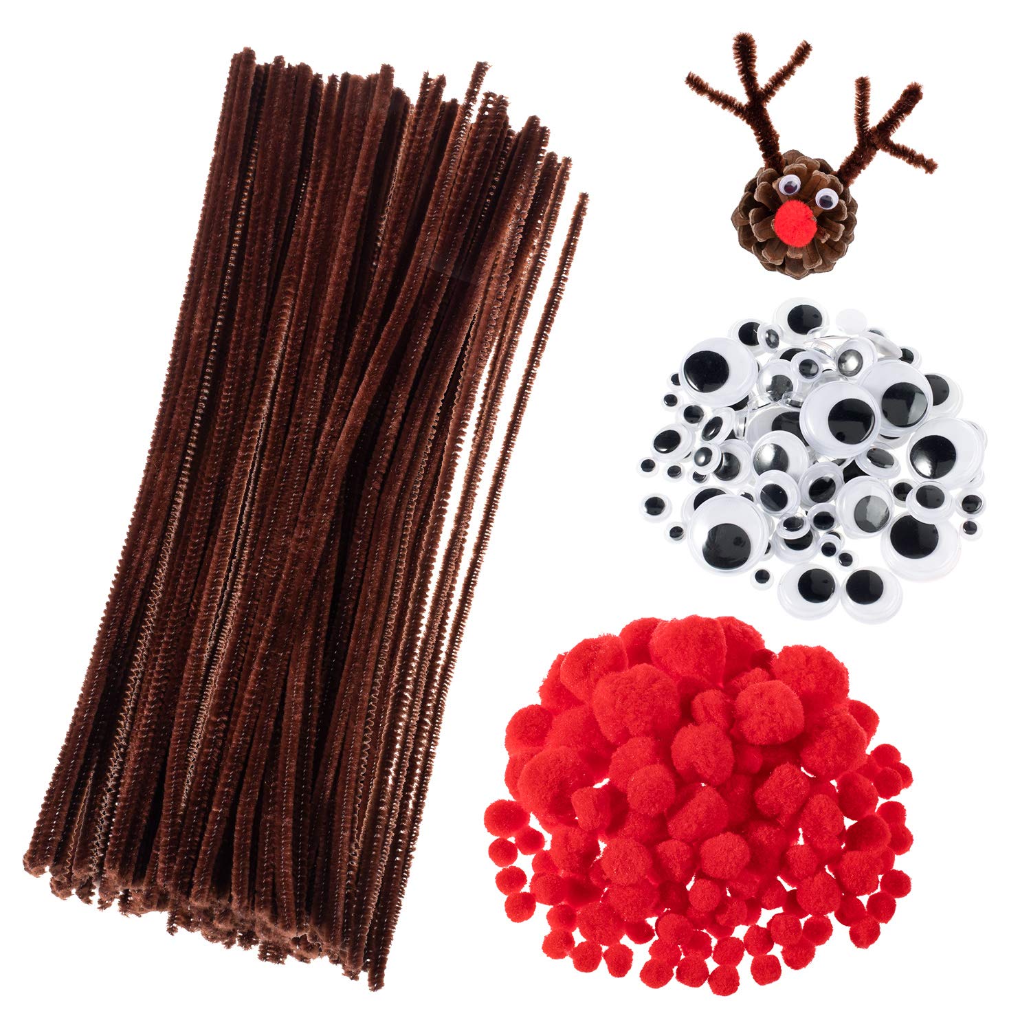 Whaline 350 Pcs Christmas Pipe Cleaners Set Including 100 Pcs Brown Craft Chenille Stems, 100 Pcs Multi Sized Wiggle Googly Eyes and 150 Pcs Pompoms