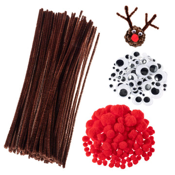Whaline 350 Pcs Christmas Pipe Cleaners Set Including 100 Pcs Brown Craft Chenille Stems, 100 Pcs Multi Sized Wiggle Googly Eyes and 150 Pcs Pompoms