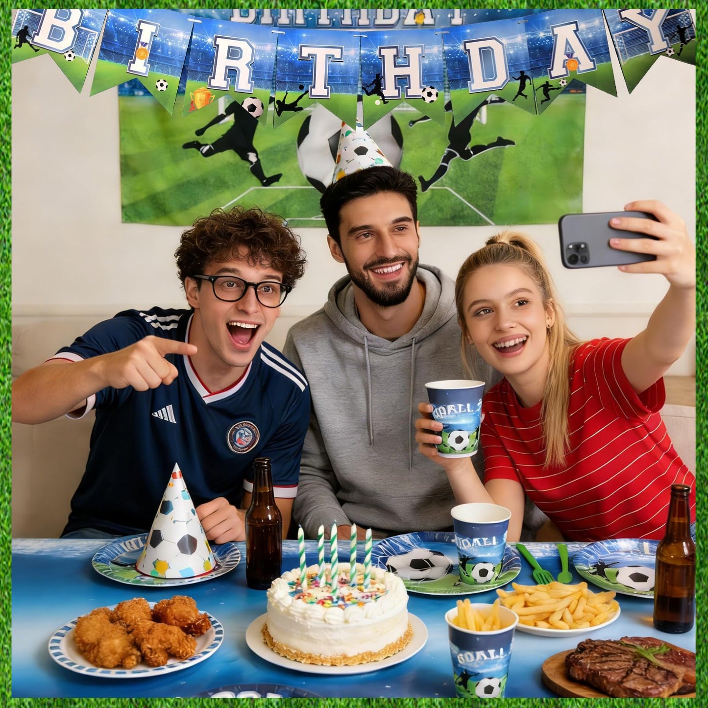 Soccer Birthday Party Supplies Set 93 PCS, Football Theme Decorations with , Cups, Napkins, Tablecloth, Banner & Backdrop, Eco-Friendly Disposable