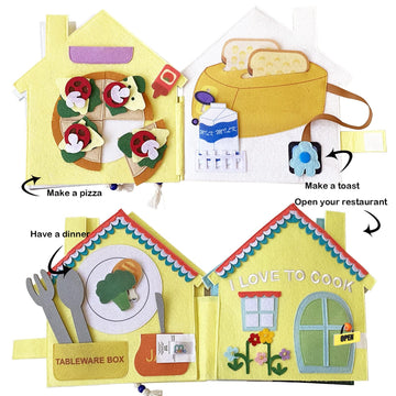 MOVEBO Quiet Book for Toddlers 1-3,Fun Interactive Busy Book with Cooking,Fishing,Planting,Pizza Making & Dinner Prep - Montessori Toy (Kitchen Story)