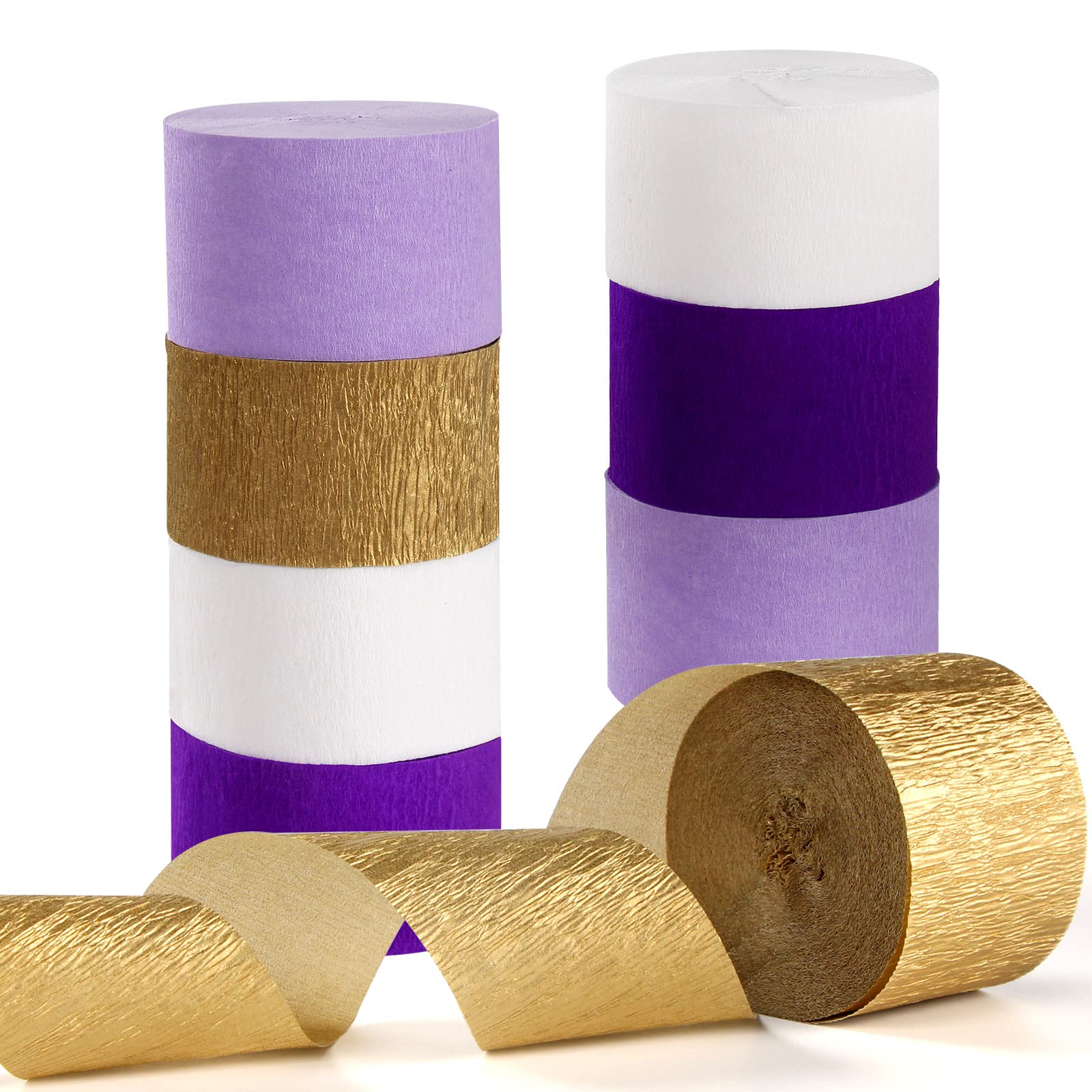 Purple-Gold Party Decorations Crepe-Paper Streamers - 8 Rolls White Purple Lavender Graduation Steamer Woman Birthday Wedding Bridal Shower Paper