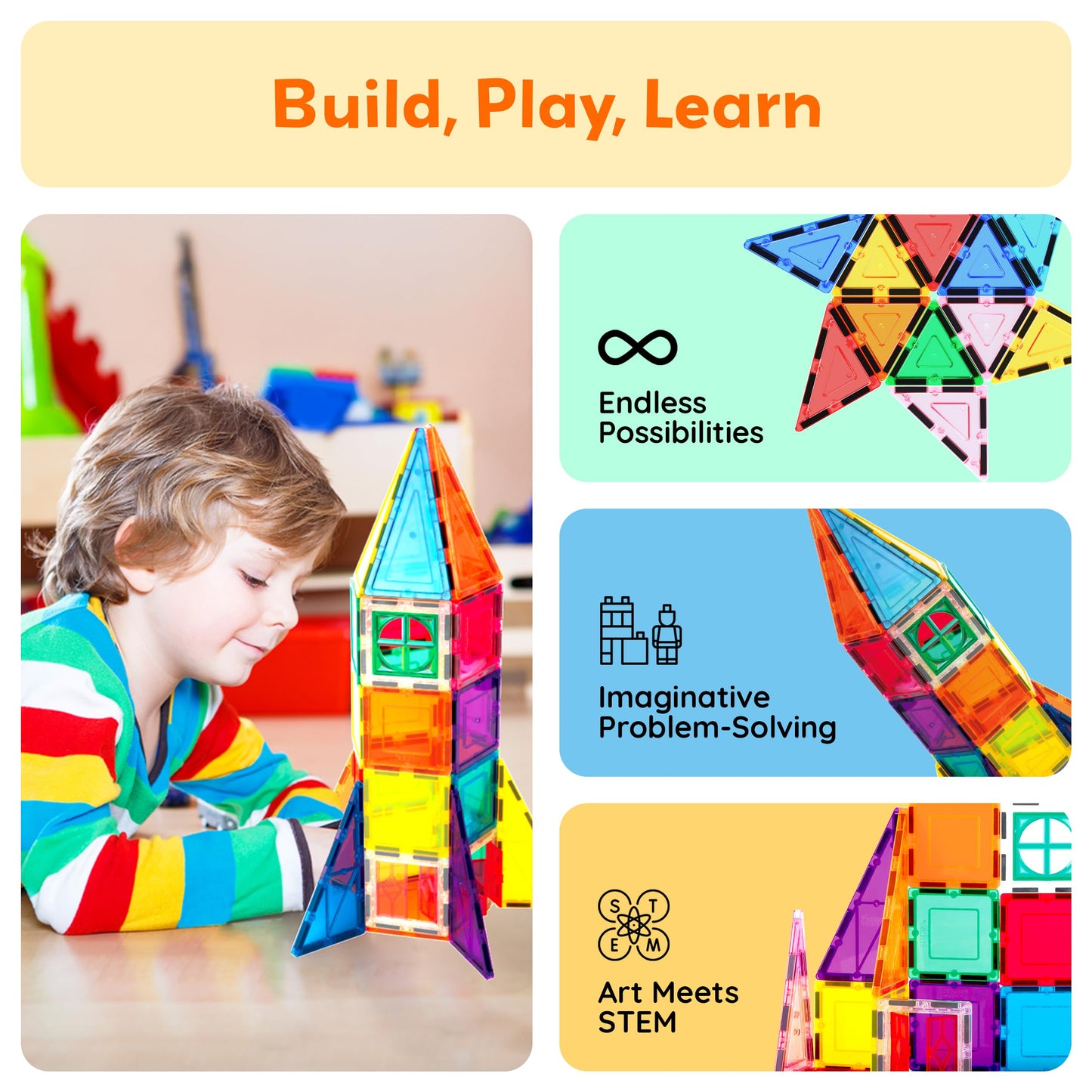 PicassoTiles Magnetic Tiles Rocket Set Construction Toy Magnet Building Block Engineering STEM Learning Child Brain Development Stacking Kit Window