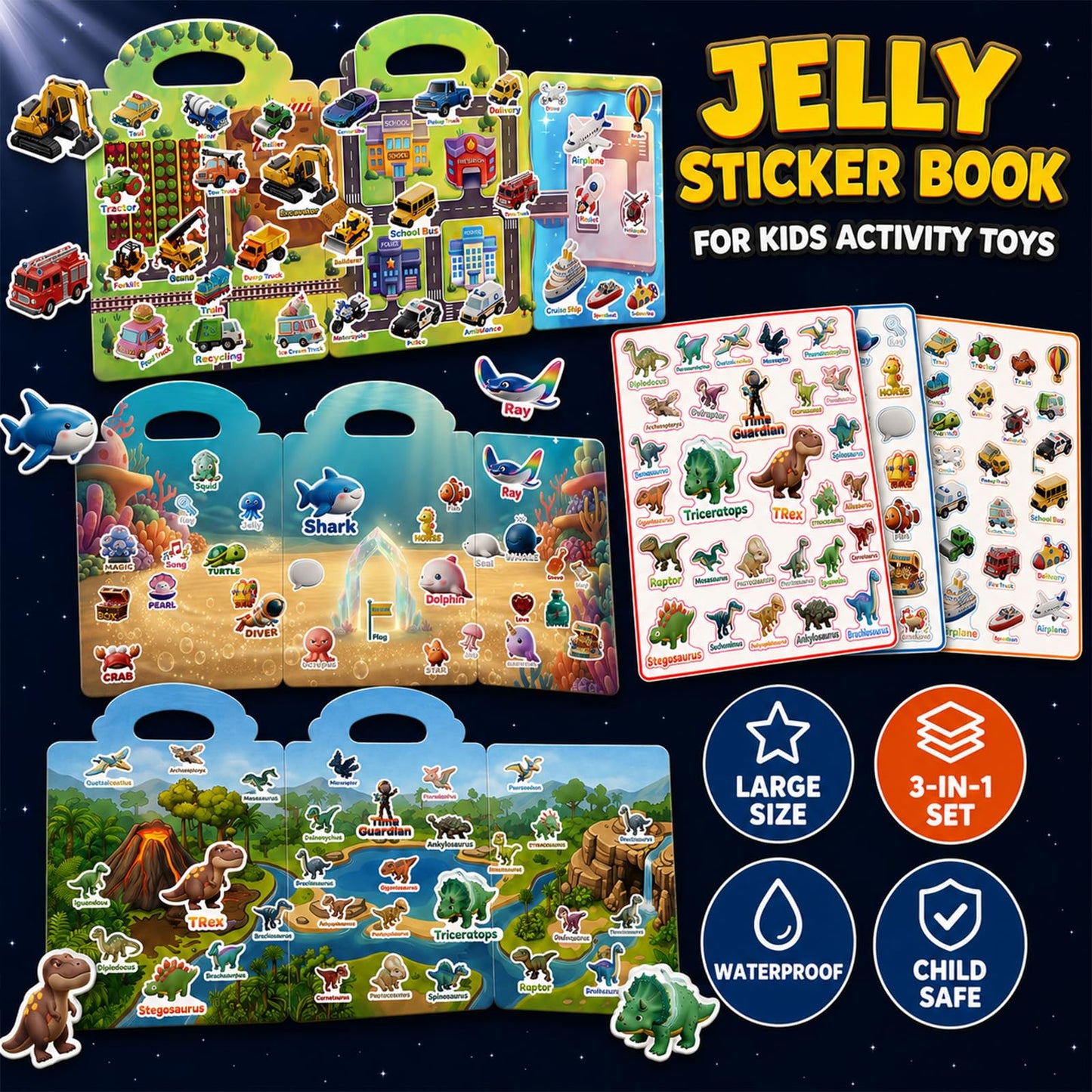 CUTESORA Large Reusable Jelly Sticker Books for Boys 4-8, Kids 3-6, 3 Sets