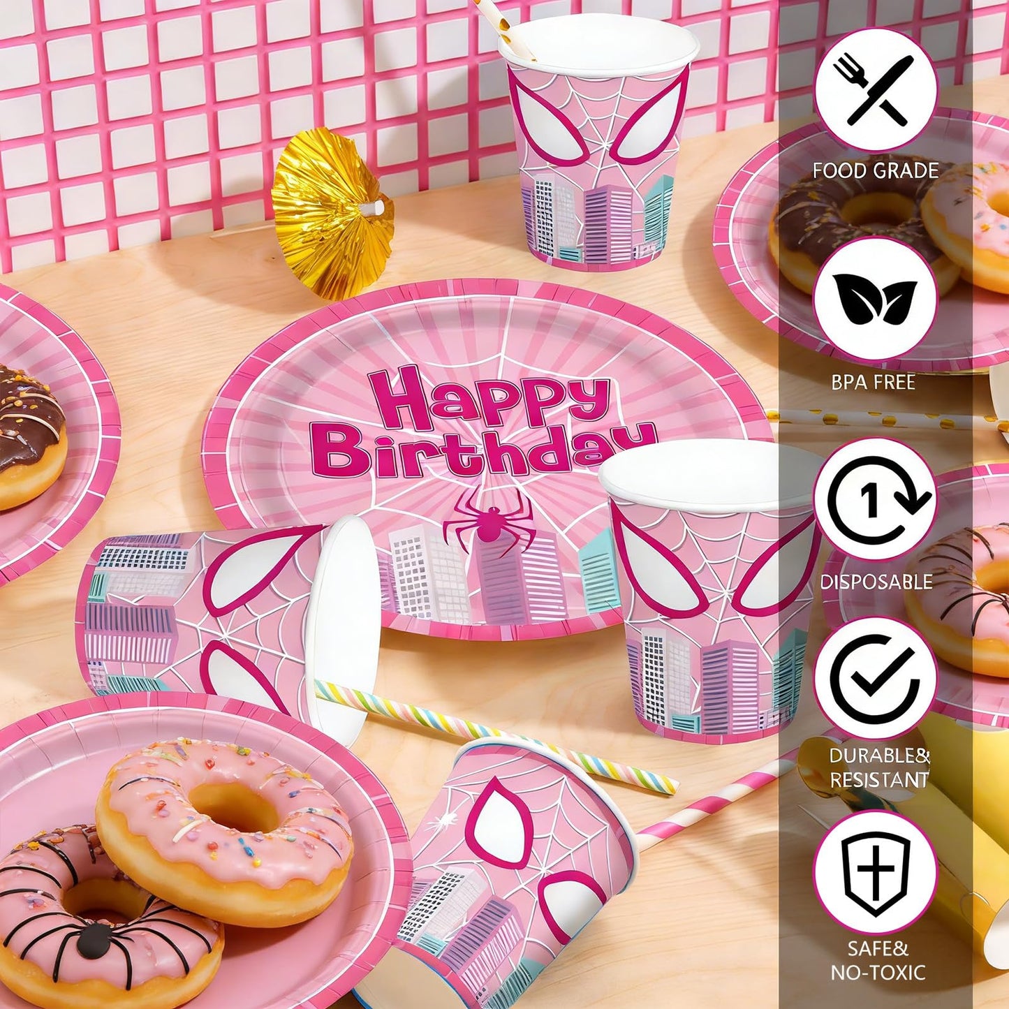 Pnuocax 171pcs Pink Spider Birthday Party Plates Napkins Paper Super Girl Cups Banner Disposable Tablecloth Tableware Set Good for Birthday Party