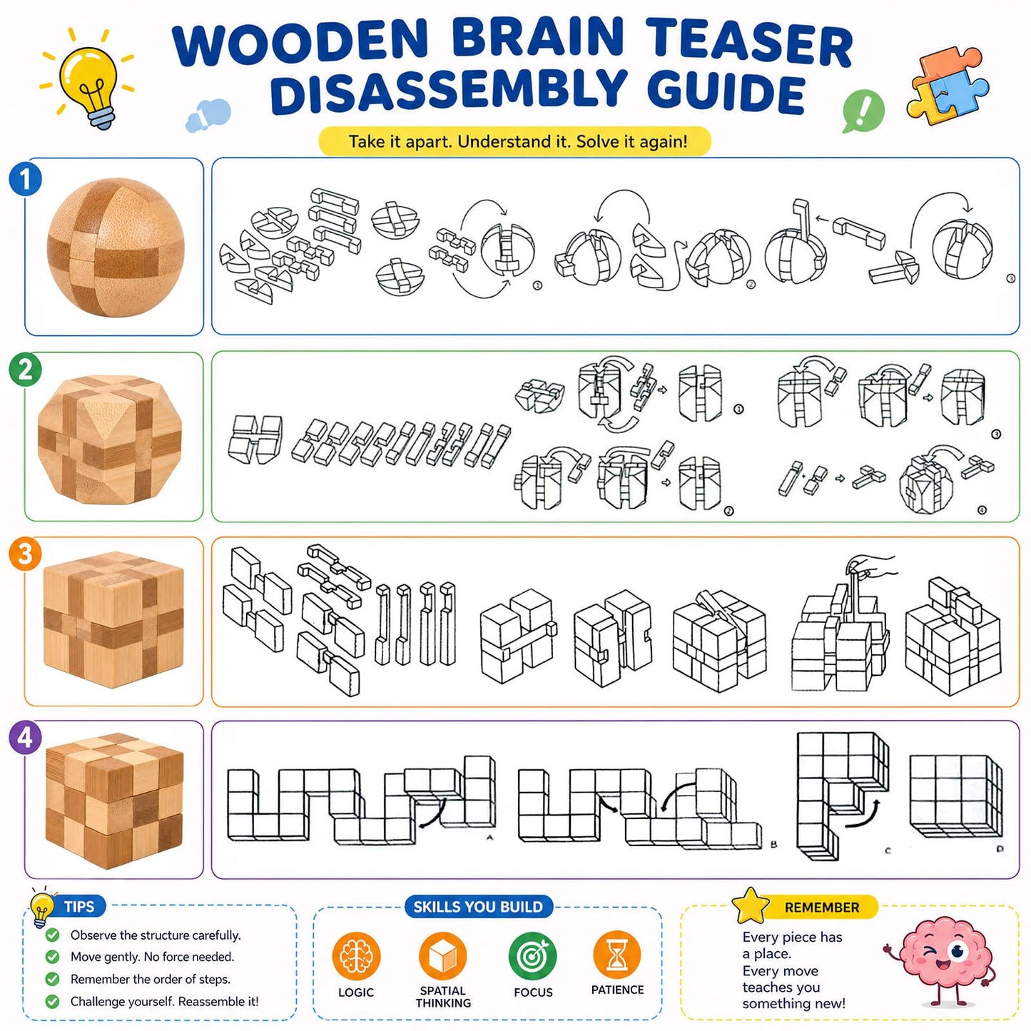 4 Pack Wooden Puzzle Brain Teasers Toy for Kids 3D Puzzles for Teens