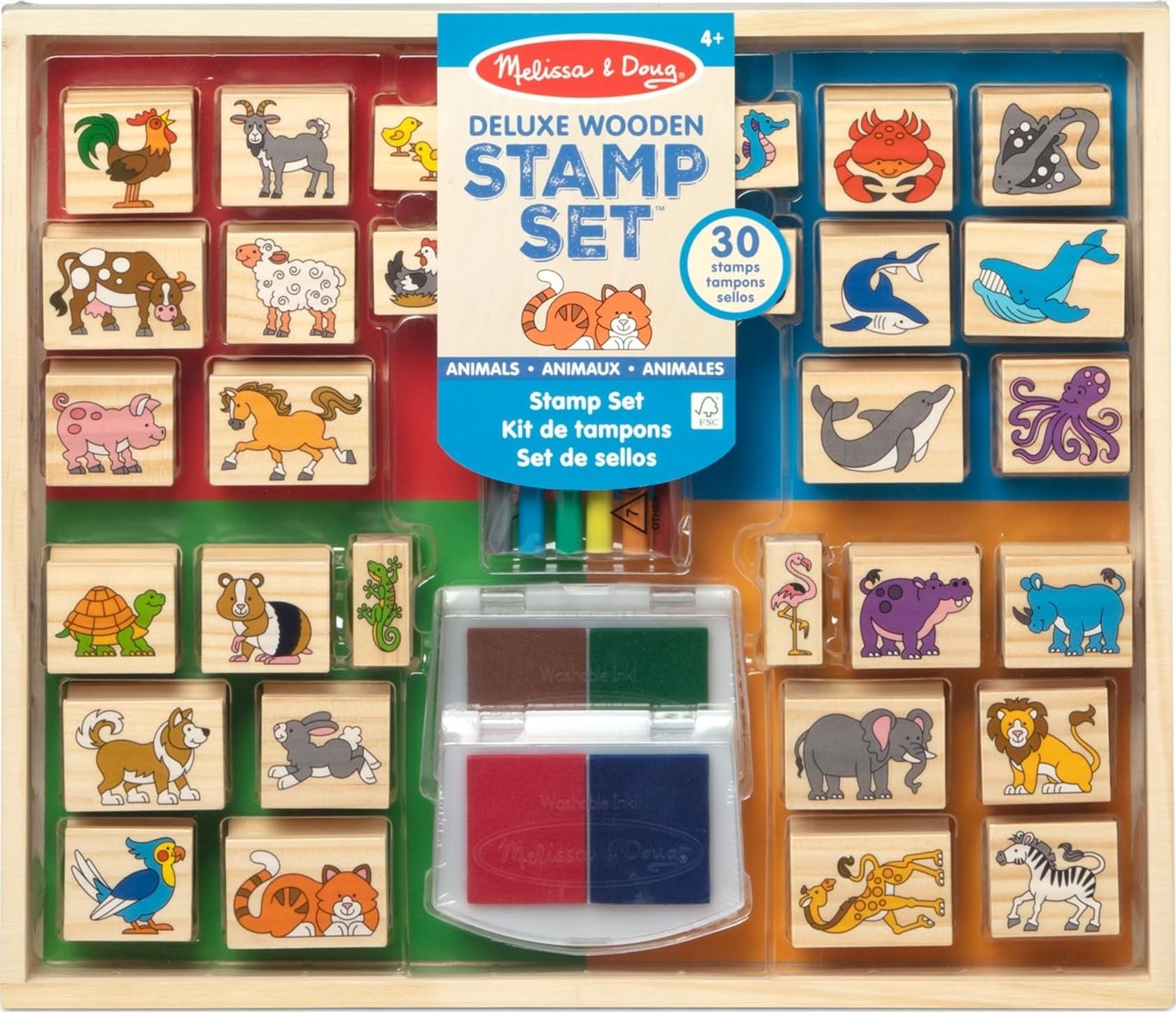 Melissa & Doug Deluxe Wooden Stamp Set: Animals - 30 Stamps, 6 Markers, 2 Stamp Pads Kids Art Projects, Wooden Stamps with Washable Ink, for Kids Ages