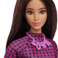 Barbie Fashionistas Doll #188, Curvy with Black Hair, Checkered Dress & Accessories Including Pink Sneakers & Necklace