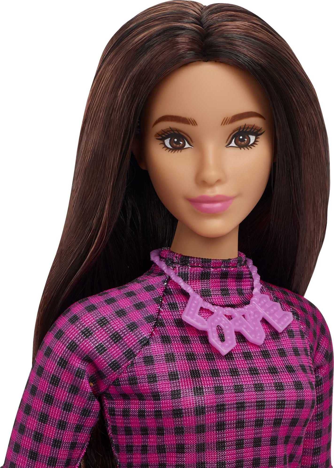 Barbie Fashionistas Doll #188, Curvy with Black Hair, Checkered Dress & Accessories Including Pink Sneakers & Necklace