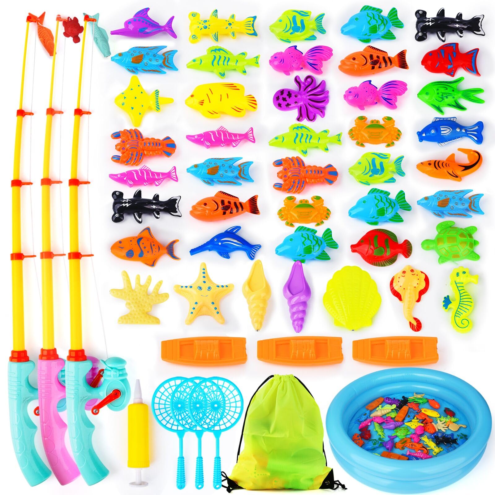 FIVEDAOGANG Magnetic Fishing Game 45 PC Ocean Sea Floating Fish Colorful Animals with Net Portable Storage Bag | Kiddie Pool Bathtub Game for Age 3 4