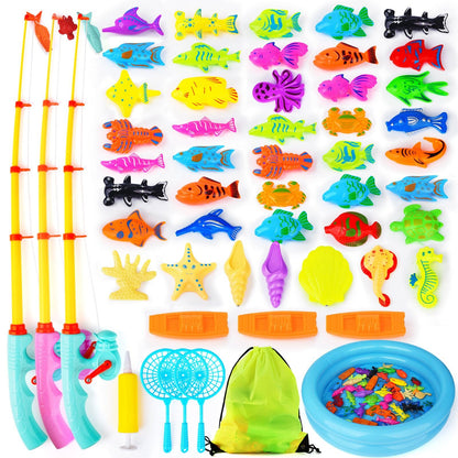 FIVEDAOGANG Magnetic Fishing Game 45 PC Ocean Sea Floating Fish Colorful Animals with Net Portable Storage Bag | Kiddie Pool Bathtub Game for Age 3 4