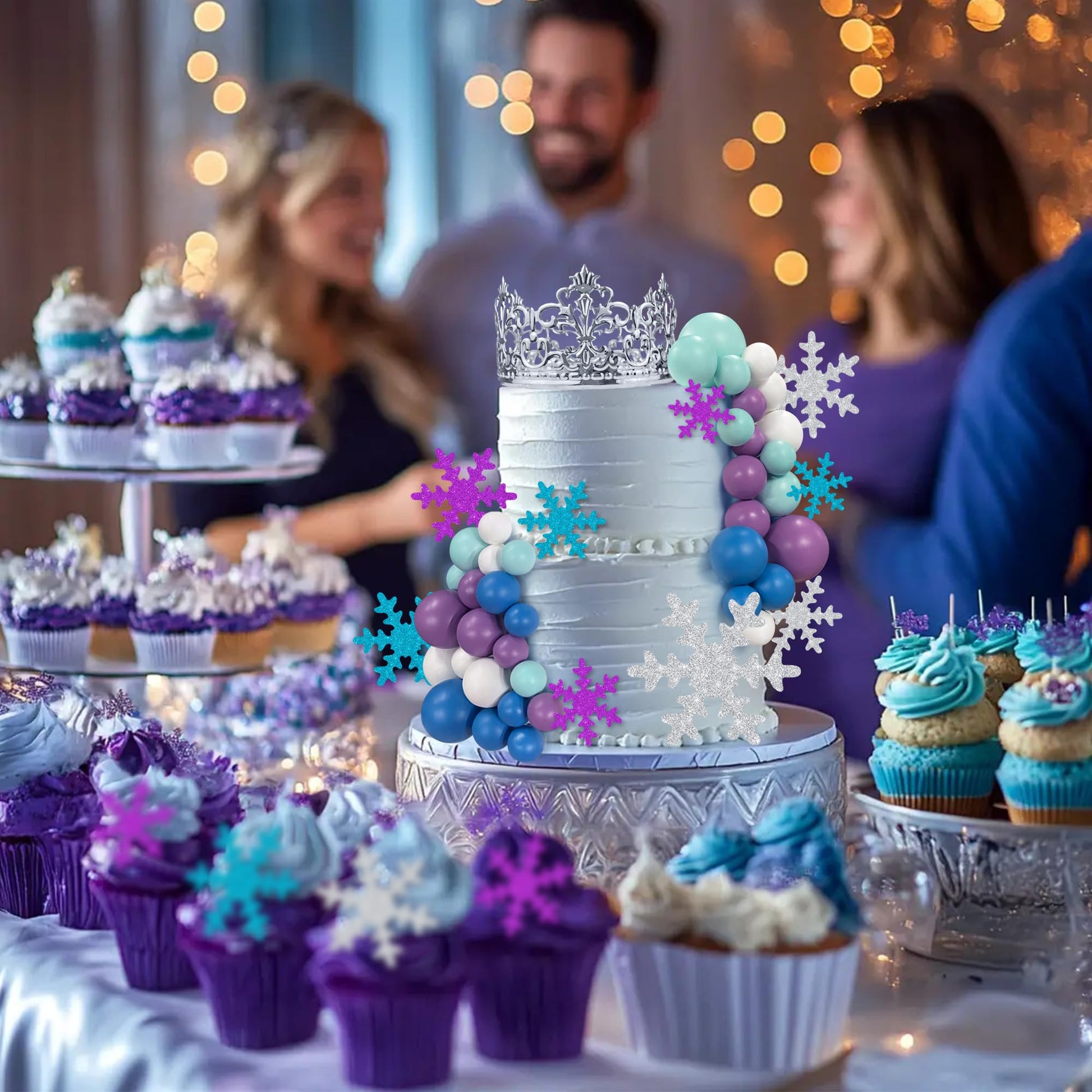 51 PCS Snowflake Cake Toppers 32 PCS Ball Cake Picks and 19 PCS Snowflake Cake Toppers for Winter Themed Wedding Christmas or Birthday Party