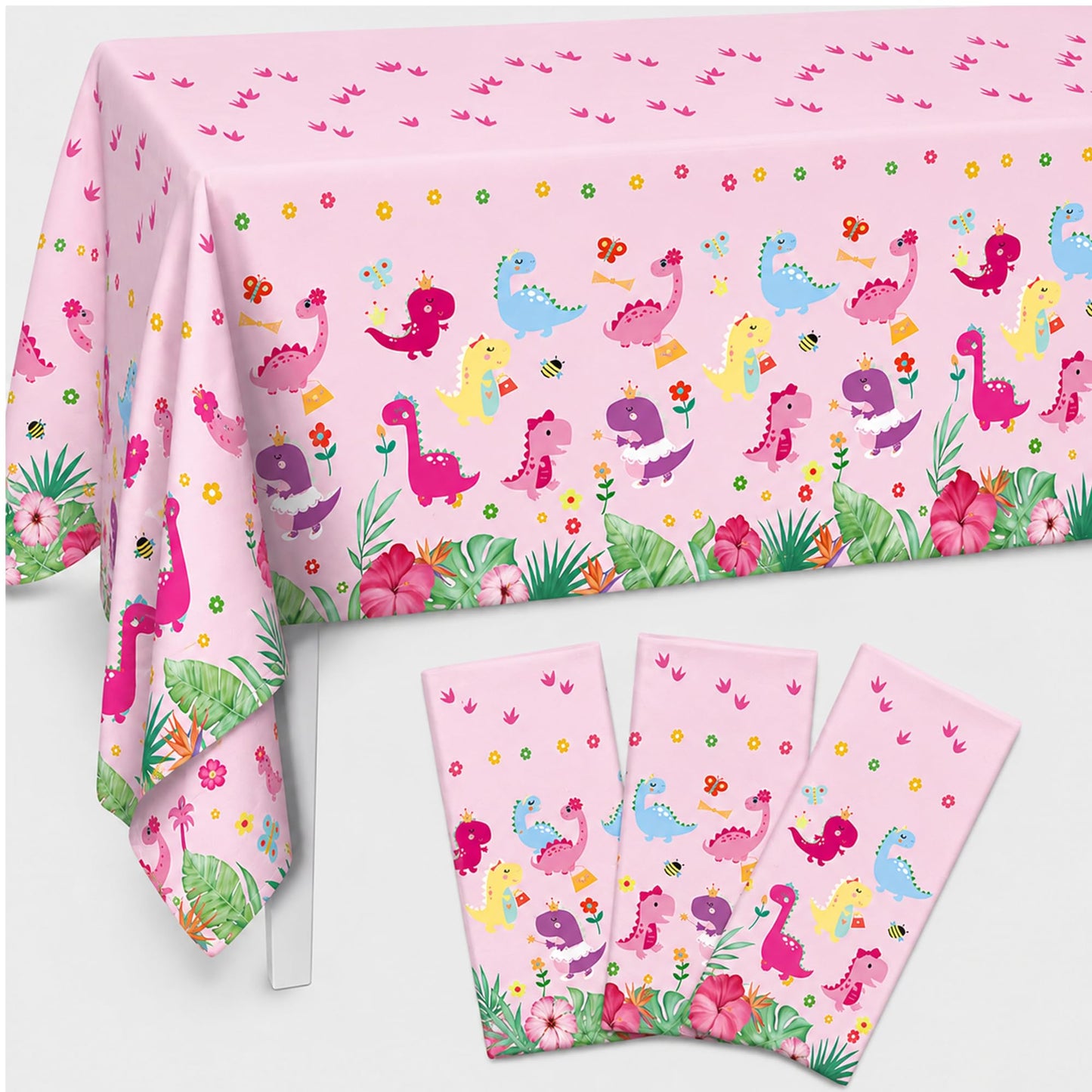 Miruwtog Dinosaur Birthday Party Supplies for Girls - Dinosaur Tablecloth, Decorations in Pink