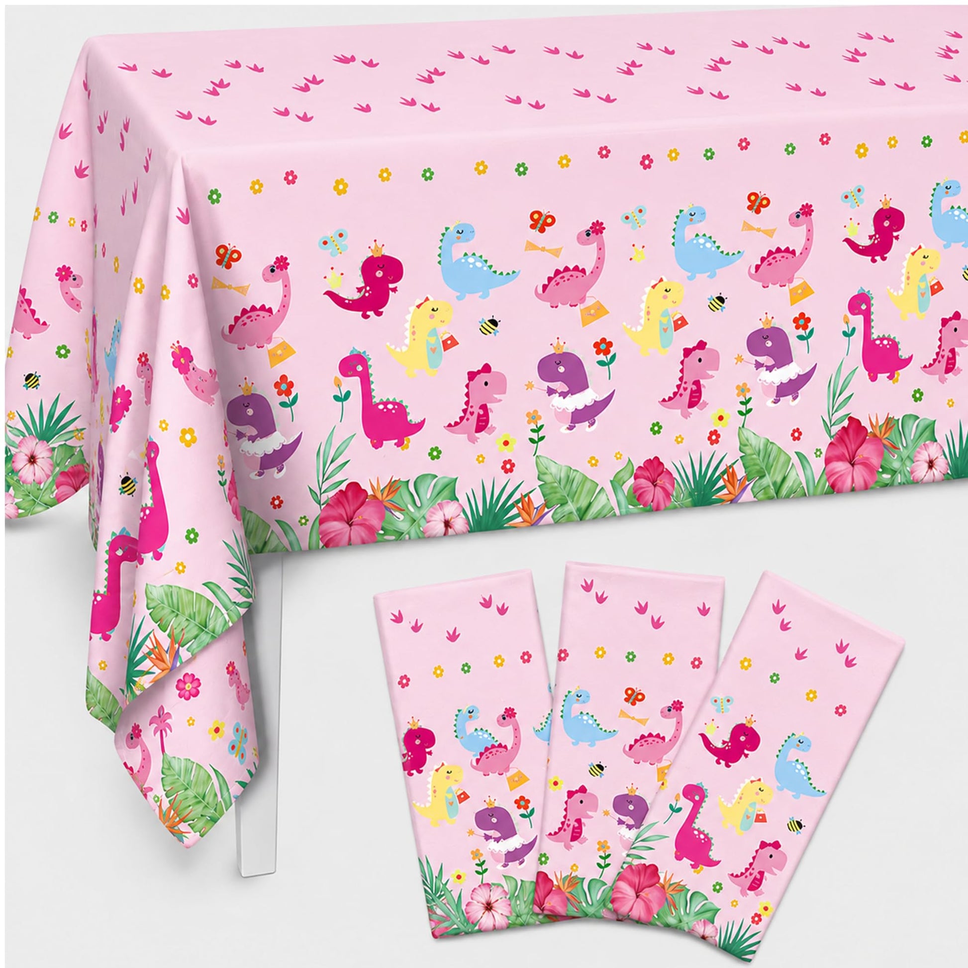 Miruwtog Dinosaur Birthday Party Supplies for Girls - Dinosaur Tablecloth, Decorations in Pink