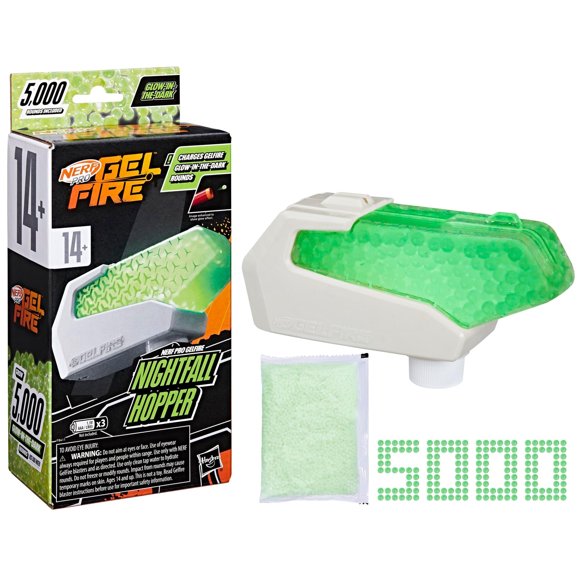Nerf Pro Gelfire Nightfall Hopper & 5000 Glow in the Dark Dehydrated Rounds Pro Gelfire Blasters, Ages 14 & Up