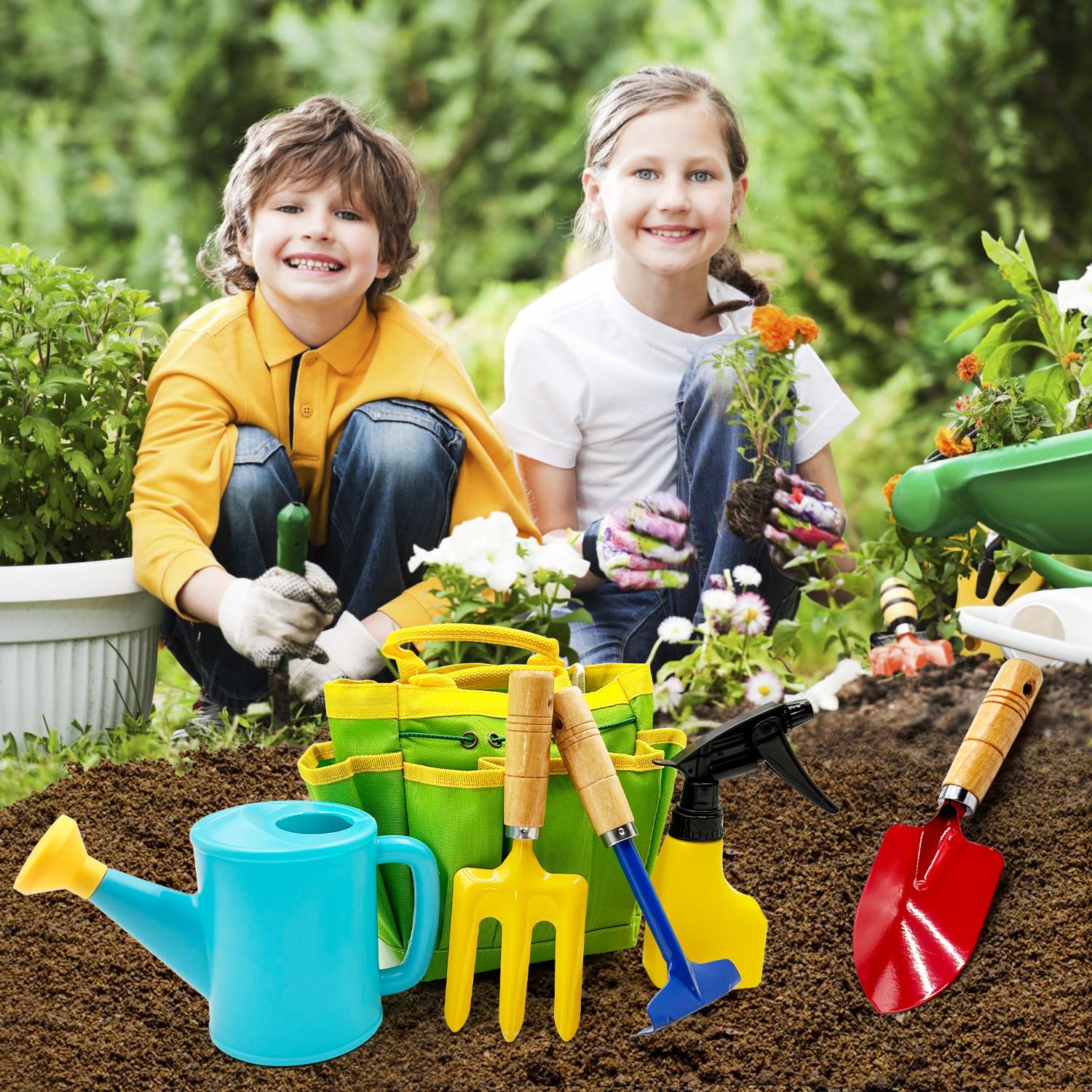 Kids Gardening Tools Set Includes Toddler Gardening Gloves, Sturdy Tote Bag, Watering Can, Shovel, Rake, Trowel, Children Apron, Garden Notebook