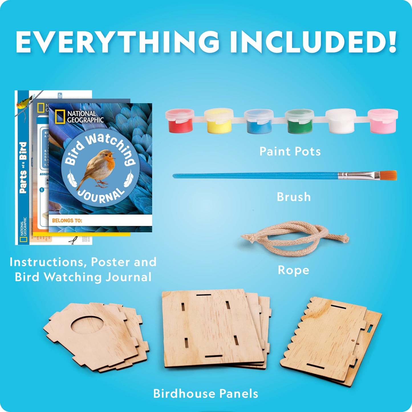 National Geographic Build Your Own Birdhouse Kit - DIY Wooden Birdhouse Craft with Paints, Brush, Bird-Watching Journal & Educational Poster for Kids