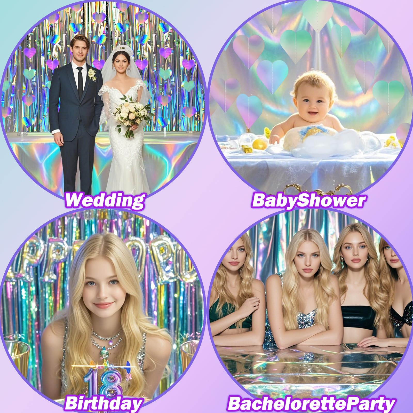 8 PCS Iridescent Disco-Holographic Party Decorations - Love-Heart Garland Streamers Banner, Disposable Laser Tablecloth, Tinsel Foil Fringe Curtains |