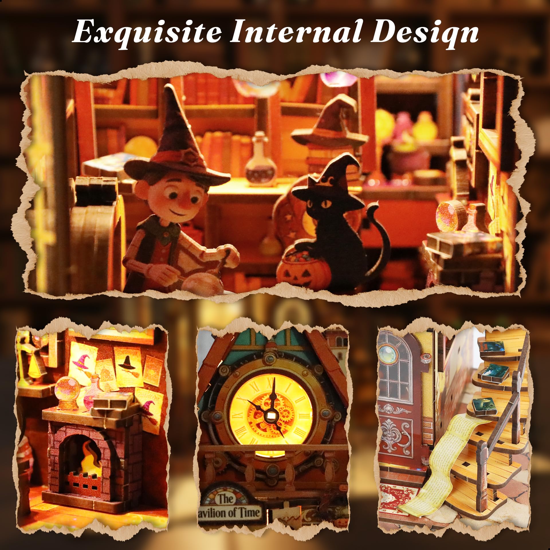 KOLOTESAME Magic House Book Nook Kit, DIY Miniature House 3D Wooden Puzzle with LED Light, Bookshelf Insert Decor Tiny Dollhouse Building Kit