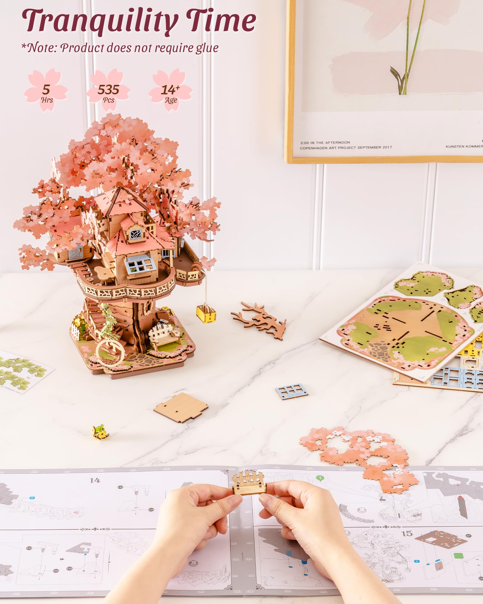 ROBOTIME DIY Miniature House Kits for Adults, 3D Wooden Puzzles for Teenager, Japanese Cherry Blossom Tree Sakura Bonsai Plants for Birthday Gifts