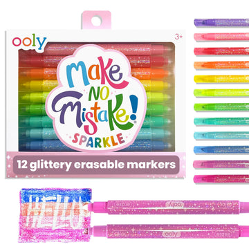Ooly Make No Mistake Glittery Erasable Markers, 12 Stress and Mess Free Sparkle Markers You Can Erase, Colorful Supplies for Any Arts & Crafts