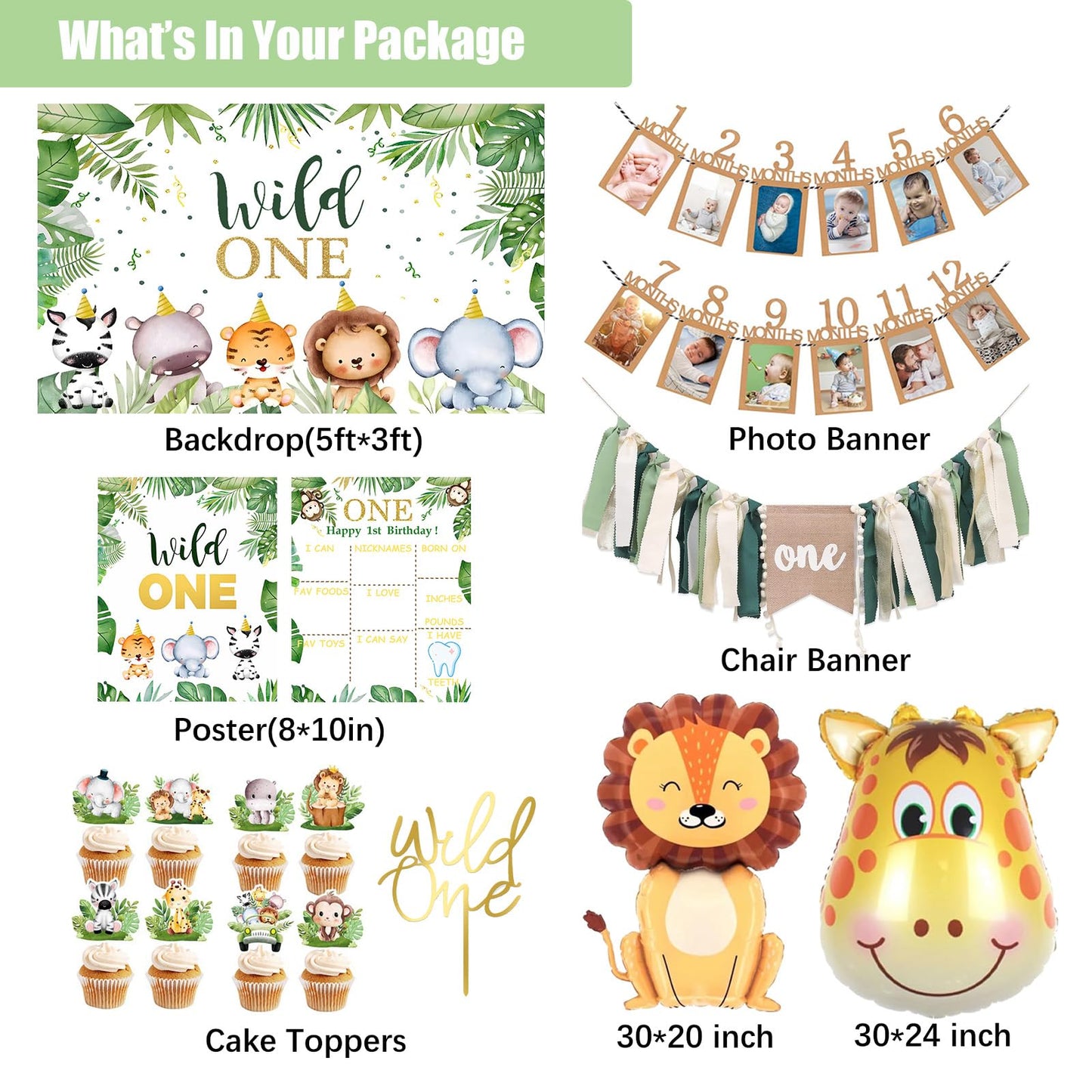 Wild One Birthday Decorations,1st Birthday Decorations Boy or Girl, Jungle Safari Themed Backdrop, Balloons Garland, Banner, Balloon Boxes for First