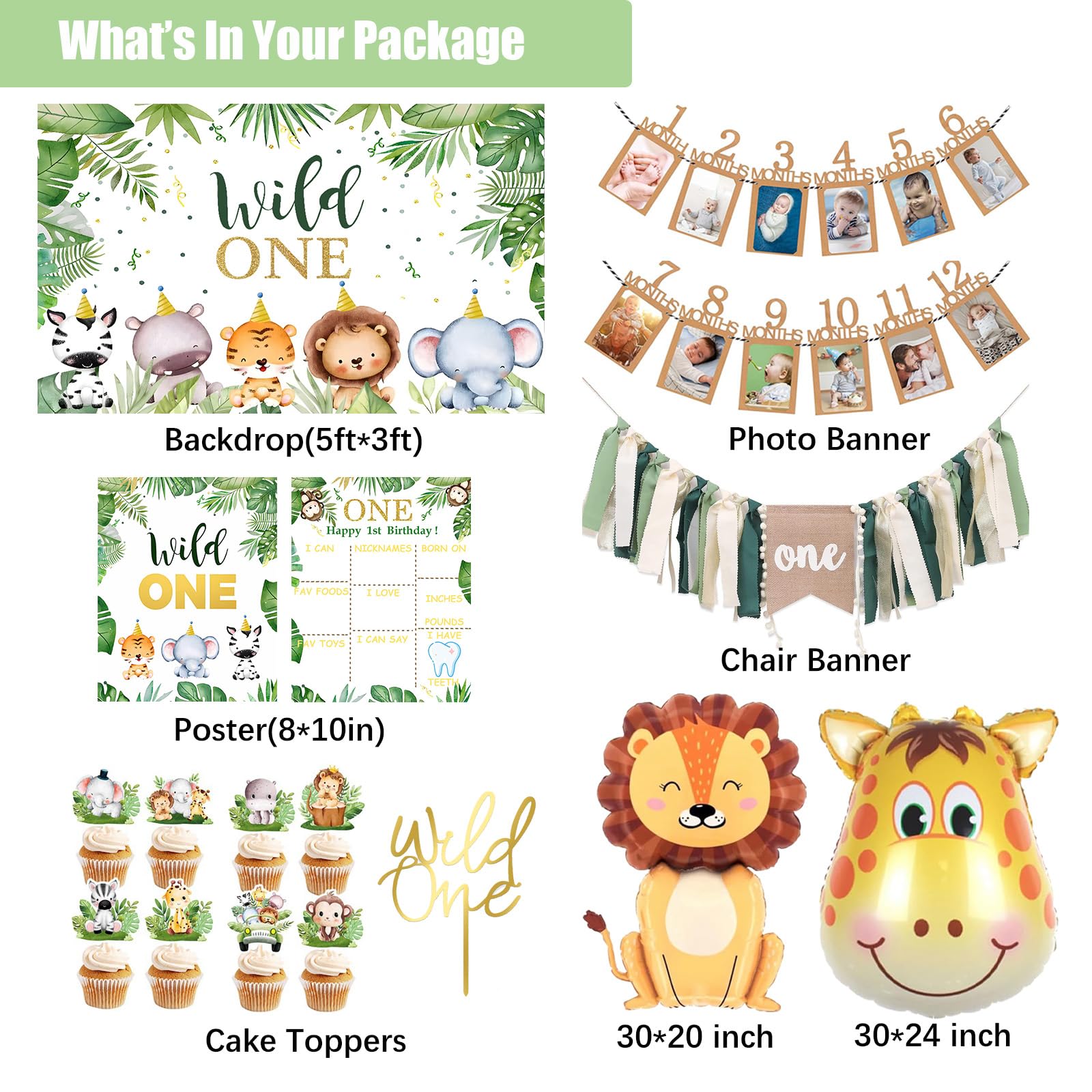 Wild One Birthday Decorations,1st Birthday Decorations Boy or Girl, Jungle Safari Themed Backdrop, Balloons Garland, Banner, Balloon Boxes for First