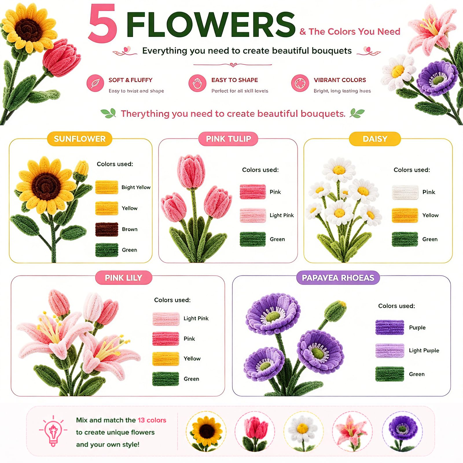 800 PCS Pipe Cleaners Bulk Flowers Kit, Pipe Cleaners Craft with Handle, 13 Colors Chenille Stems with Full Set of Tools, DIY Art Craft