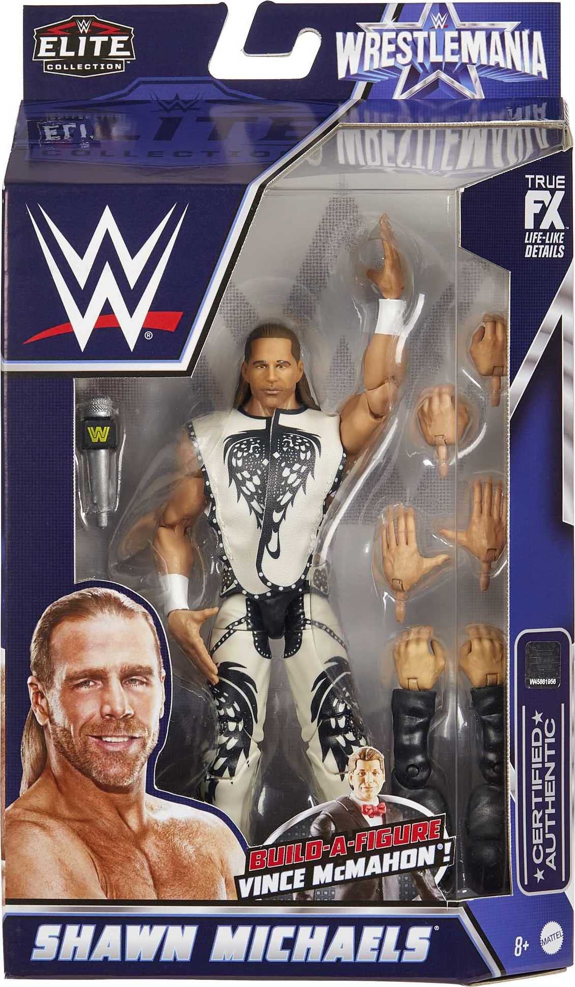 WWE Shawn Michaels Wrestlemania Elite Collection Action Figure with Entrance Attire & Vince McMahon Build-A-Figure Pieces, 6-in Posable Collectible