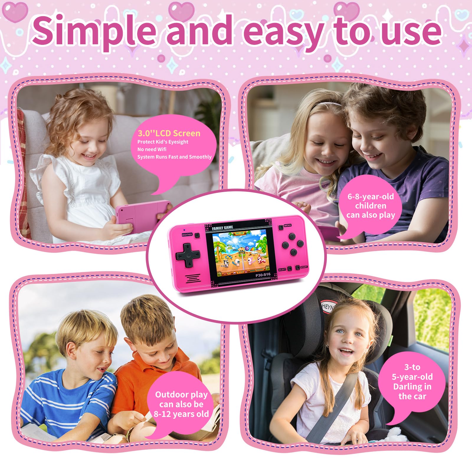 Handheld Game for Kids -Preloaded 220 Retro Video Games, Portable Gaming Player with Rechargeable Battery 3.0" LCD Screen, Mini Arcade Electronic Toy