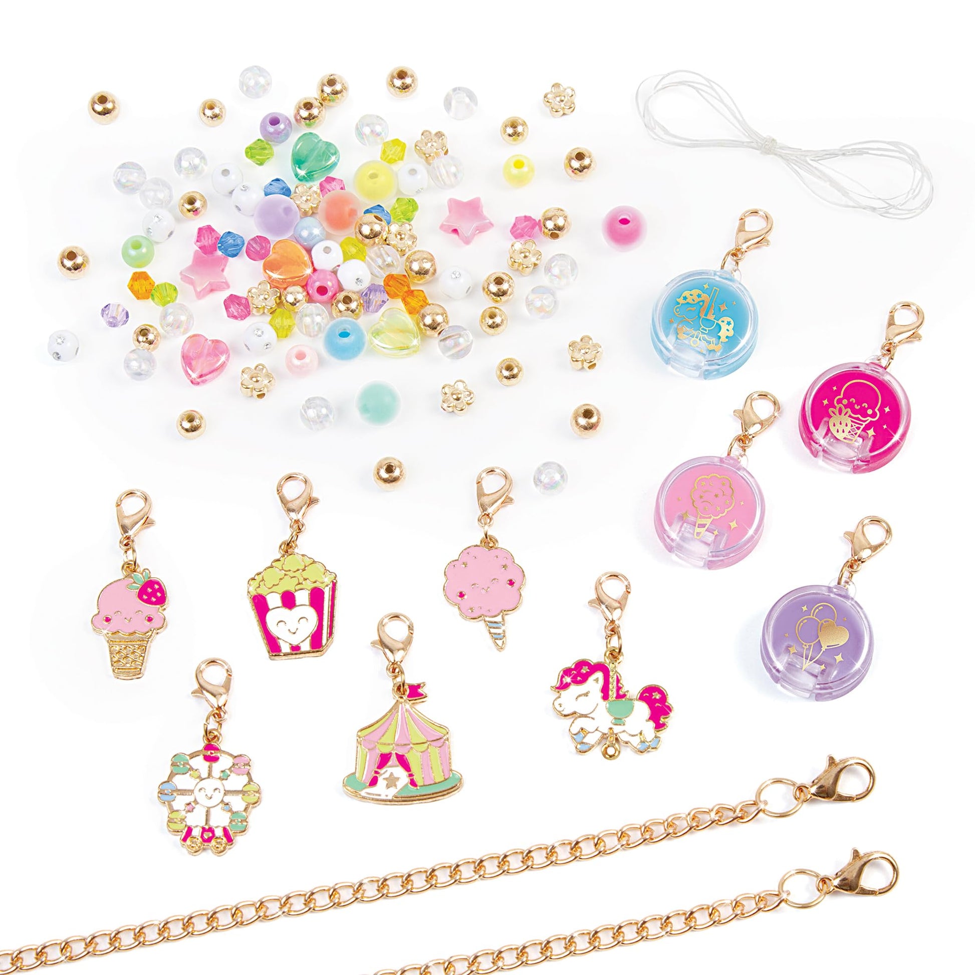 Make It Real: Sweet Spin Carnival Lip Gloss Bracelets - 104pc, DIY Jewelry Craft Kit, Design 5 Charm Chain Bracelets, Strawberry-Scented Gloss, Kid 8+