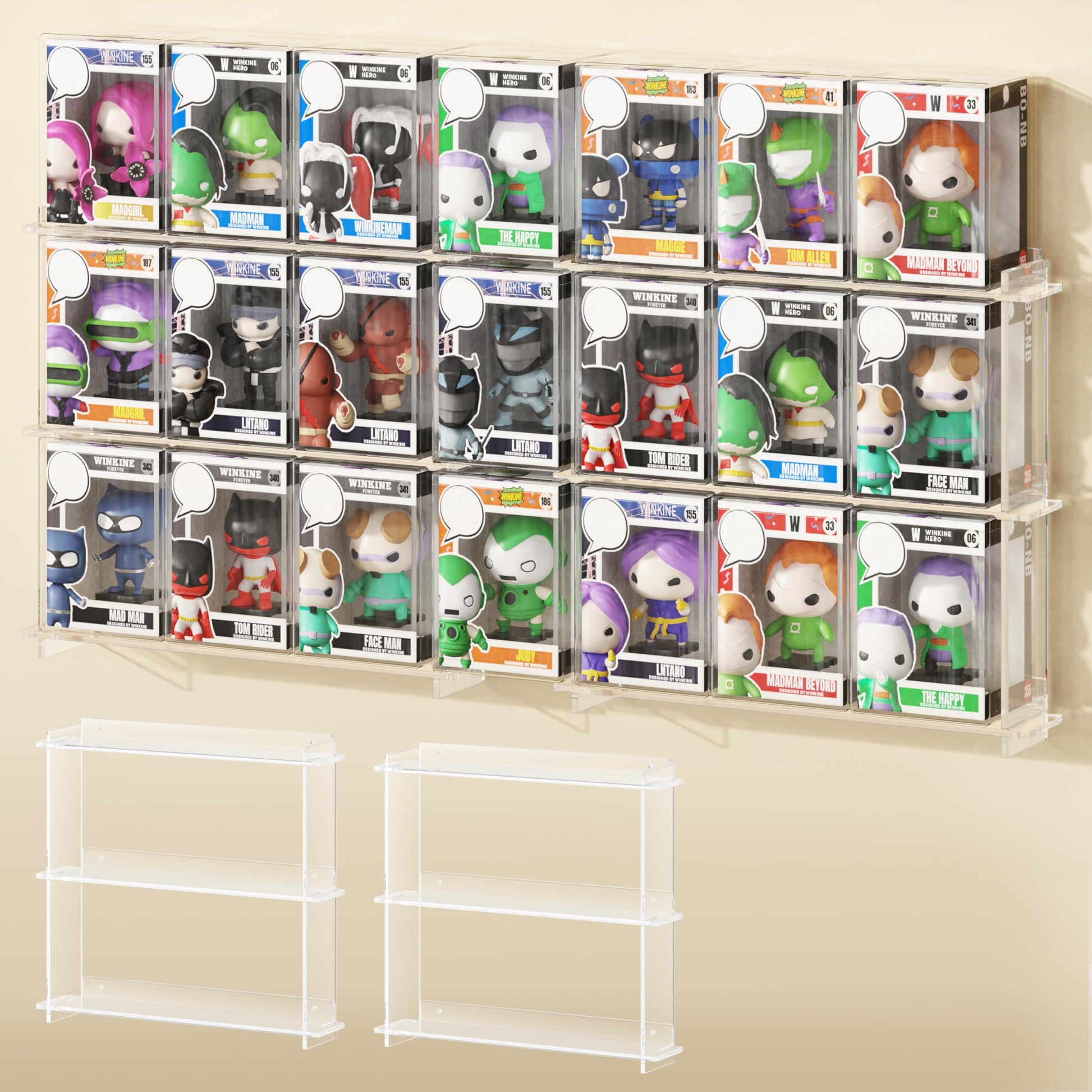 WINKINE Wall Display Shelves Compatible with 21 Funko Pop in Box, Easy Install - Only 2 Screws per Shelf, Acrylic Floating Shelves Stackable, Action